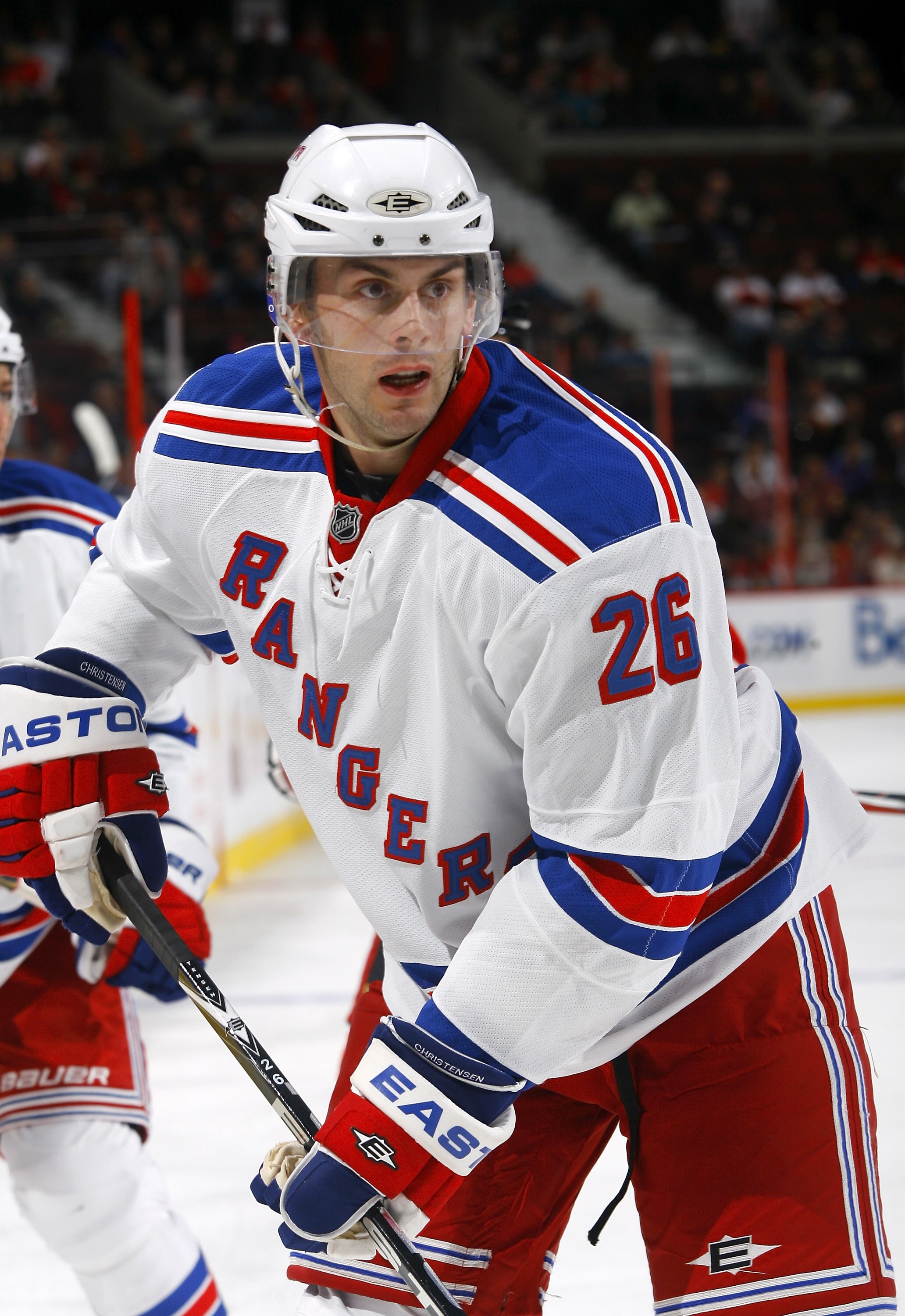 KANATA, ON - OCTOBER 02:  Erik Christensen #26 of the New York Rangers skates in a game against the Ottawa Senators at Scotiabank Place on October 2, 2010 in Kanata, Ontario, Canada.  The Ottawa Senators defeated the New York Rangers 8-5.  (Photo by Phill