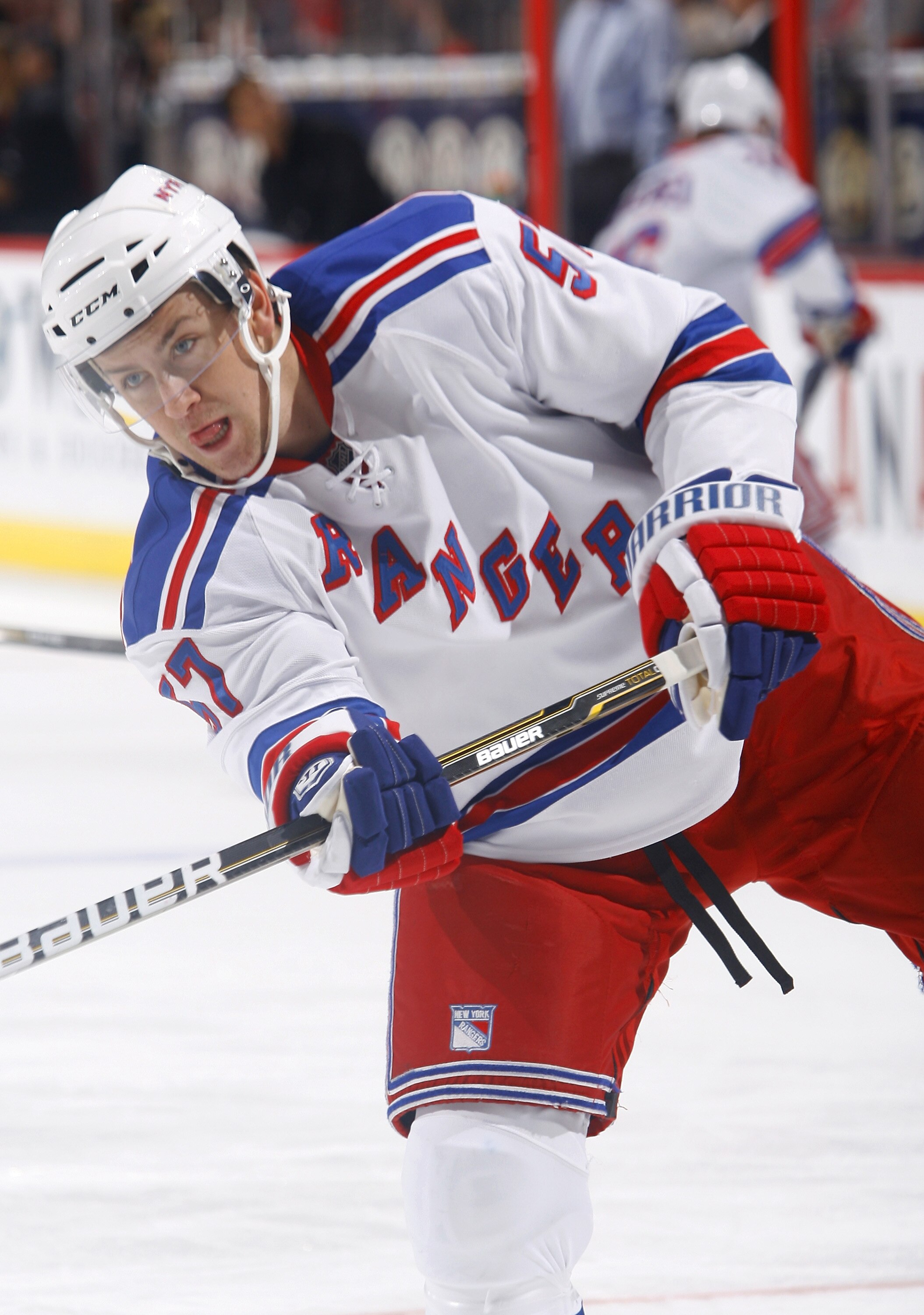 KANATA, ON - OCTOBER 02:  Derek Stepan #57 of the New York Rangers takes a slap shot during warmup before a game against the Ottawa Senators at Scotiabank Place on October 2, 2010 in Kanata, Ontario, Canada.  The Ottawa Senators defeated the New York Rang