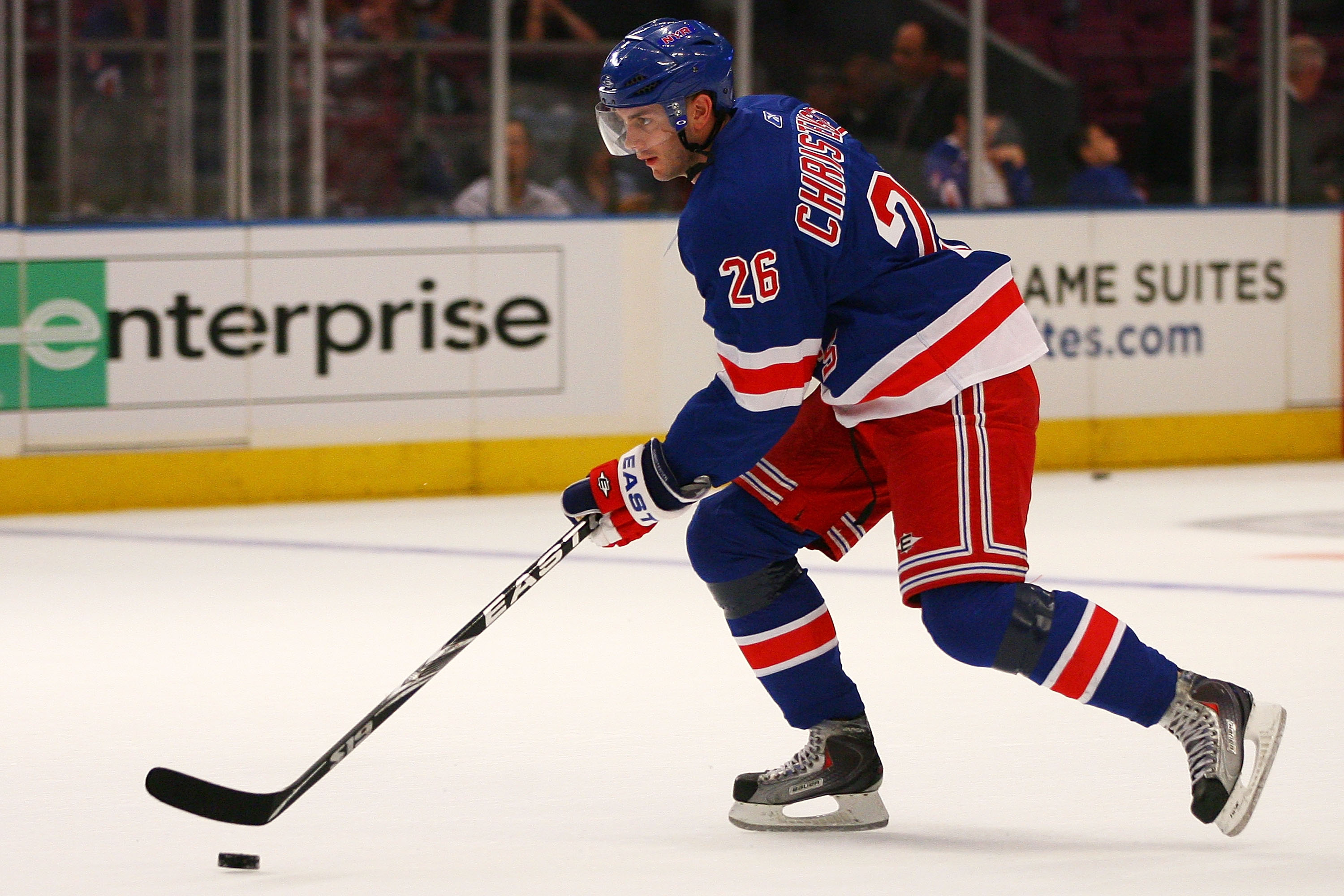 NEW YORK - SEPTEMBER 29: Erik Christensen #26 of the New York Rangers warms up before a preseason game against the Detroit Red Wings at Madison Square Garden on September 29, 2010 in New York, New York.  (Photo by Andrew Burton/Getty Images)