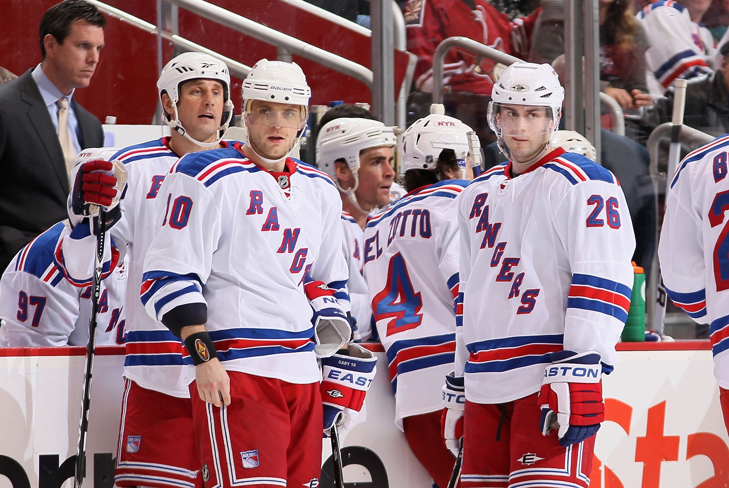 GLENDALE, AZ - JANUARY 30:  Marian Gaborik #10 and Erik Christensen #26 of the New York Rangers during the NHL game against the Phoenix Coyotes at Jobing.com Arena on January 30, 2010 in Glendale, Arizona.  The Coyotes defeated the Rangers 3-2. (Photo by 