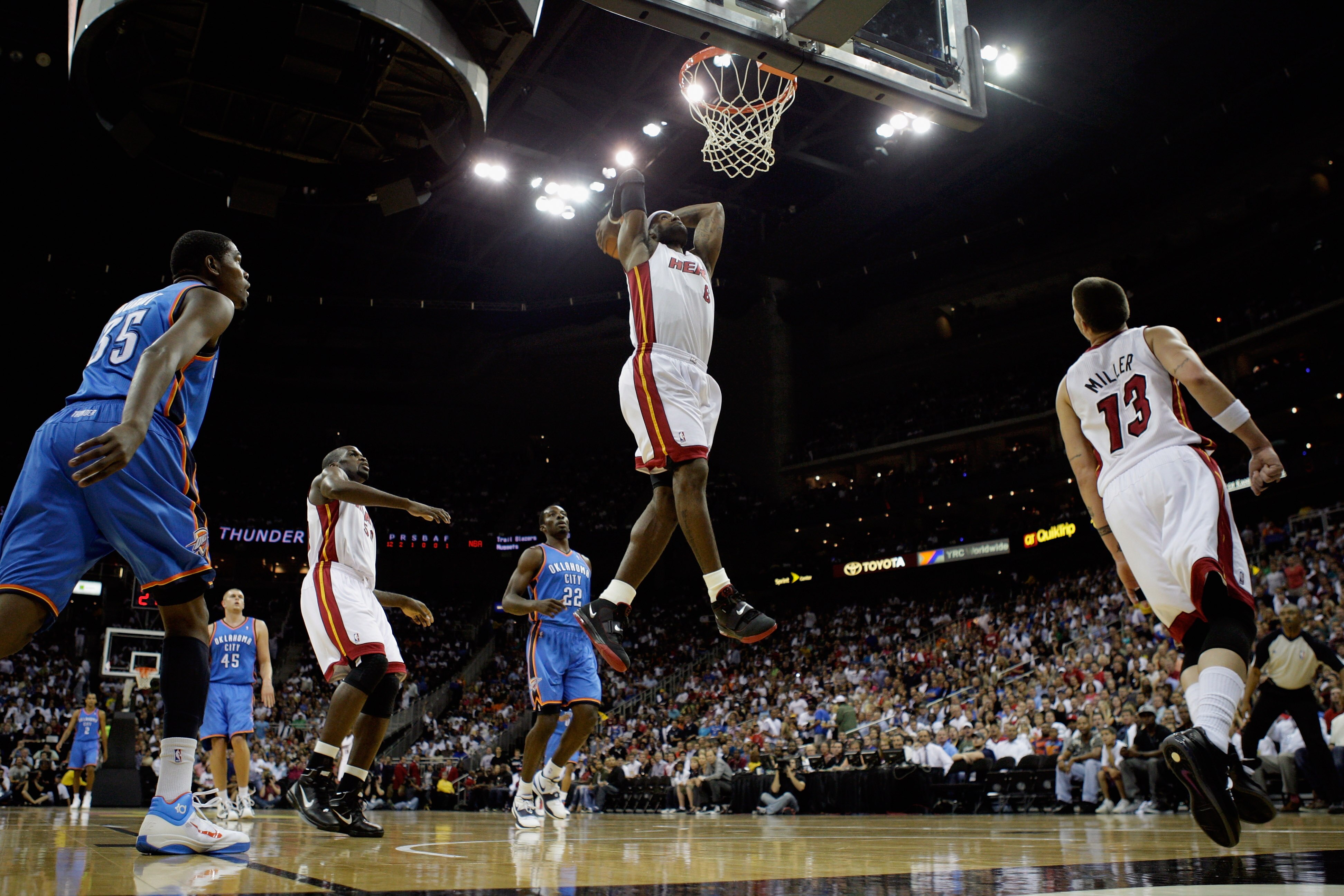 KANSAS CITY, MO - OCTOBER 08:  Lebron James #6 of the Miami Heat prepares to dunk during the game against the Oklahoma City Thunder on October 8, 2010 at the Sprint Center in Kansas City, Missouri.  (Photo by Jamie Squire/Getty Images)
