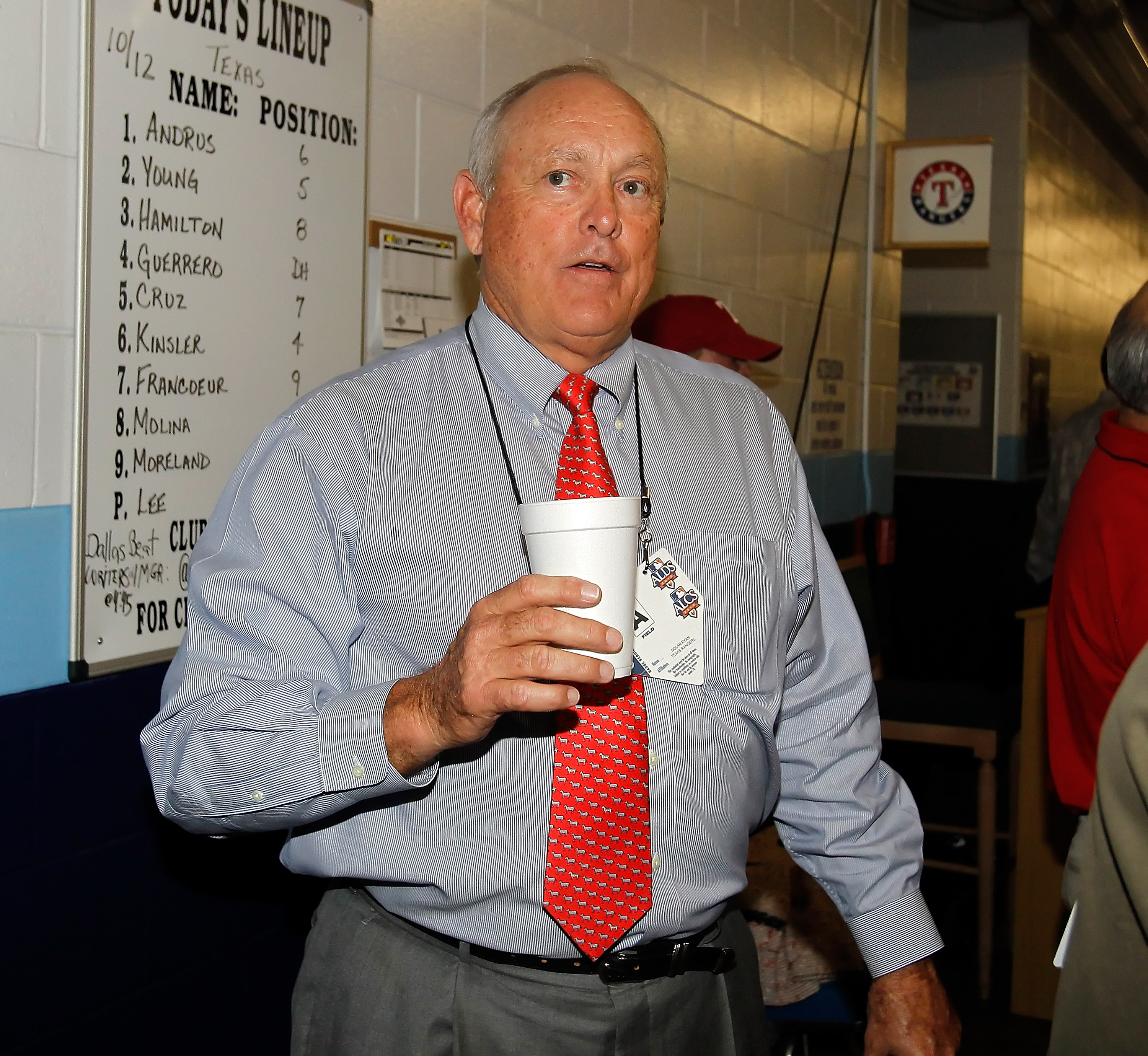 ST. PETERSBURG - OCTOBER 12:  Team President Nolan Ryan of the Texas Rangers celebrates his team's victory over the Tampa Bay Rays in Game 5 of the ALDS at Tropicana Field on October 12, 2010 in St. Petersburg, Florida.  (Photo by J. Meric/Getty Images)