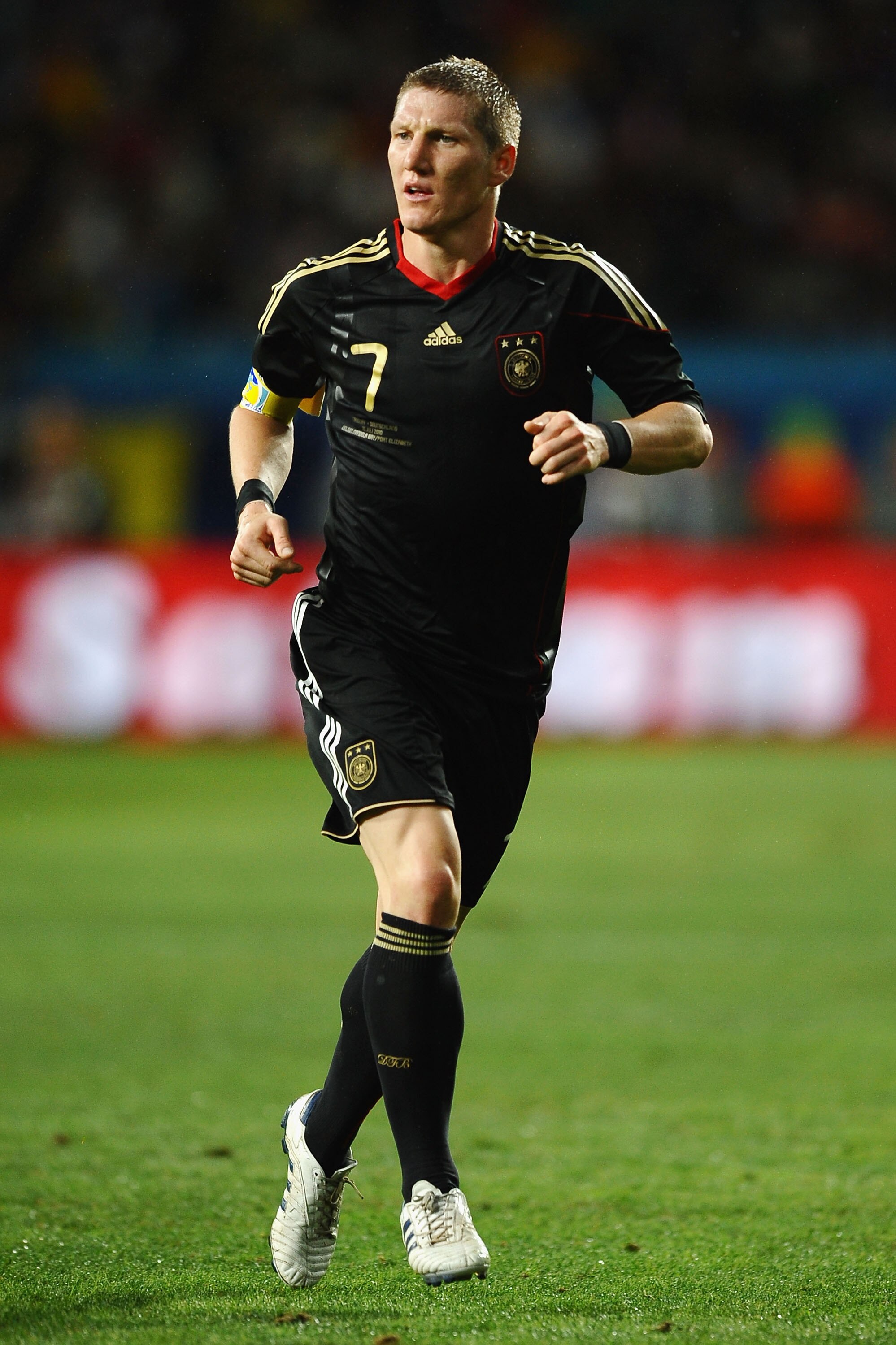 PORT ELIZABETH, SOUTH AFRICA - JULY 10:  Bastian Schweinsteiger of Germany in action during the 2010 FIFA World Cup South Africa Third Place Play-off match between Uruguay and Germany at The Nelson Mandela Bay Stadium on July 10, 2010 in Port Elizabeth, S