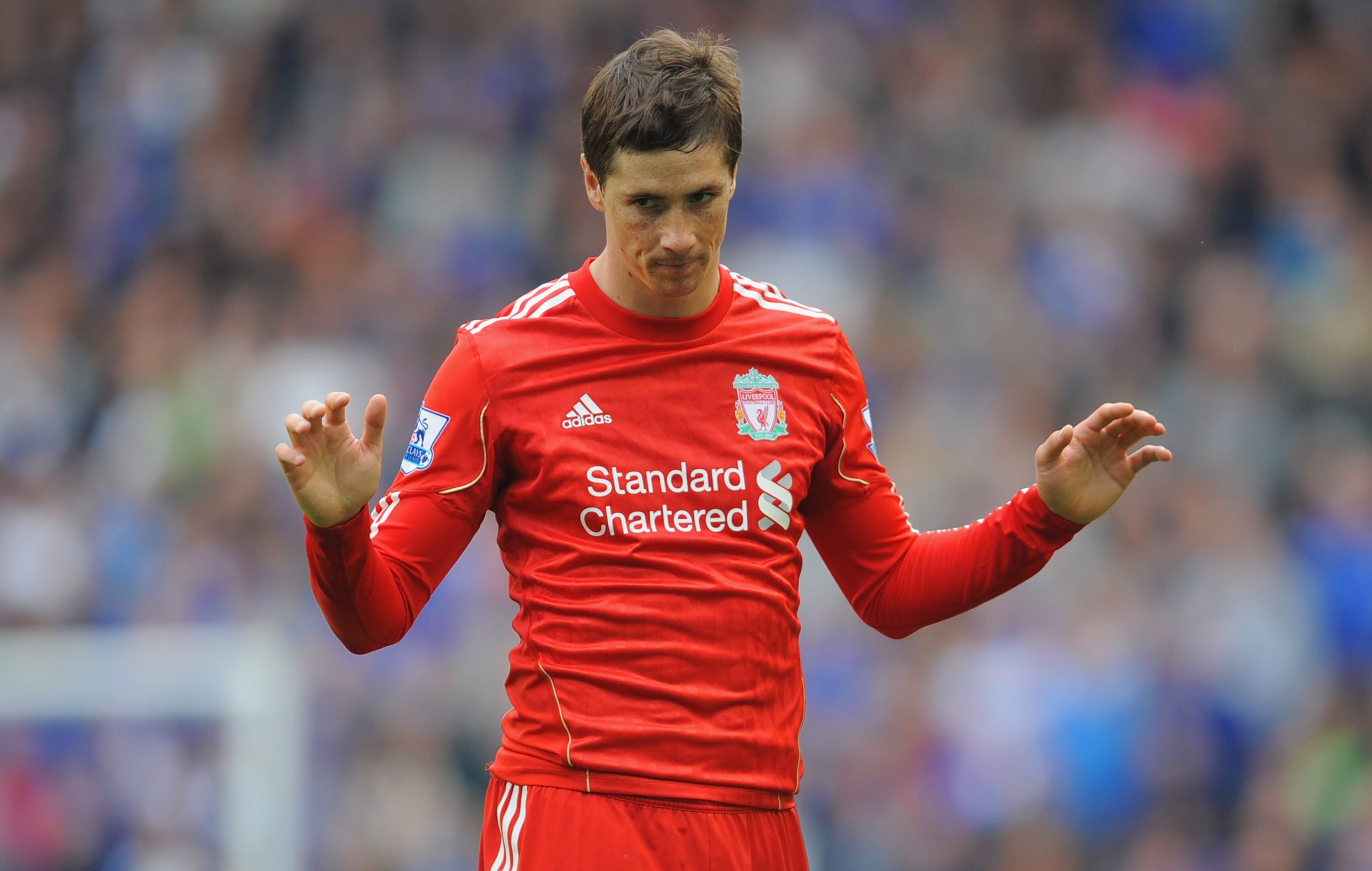 LIVERPOOL, ENGLAND - OCTOBER 17: Fernando Torres of Liverpool looks dejected during the Barclays Premier League match between Everton and Liverpool at Goodison Park on October 17, 2010 in Liverpool, England.  (Photo by Michael Regan/Getty Images)