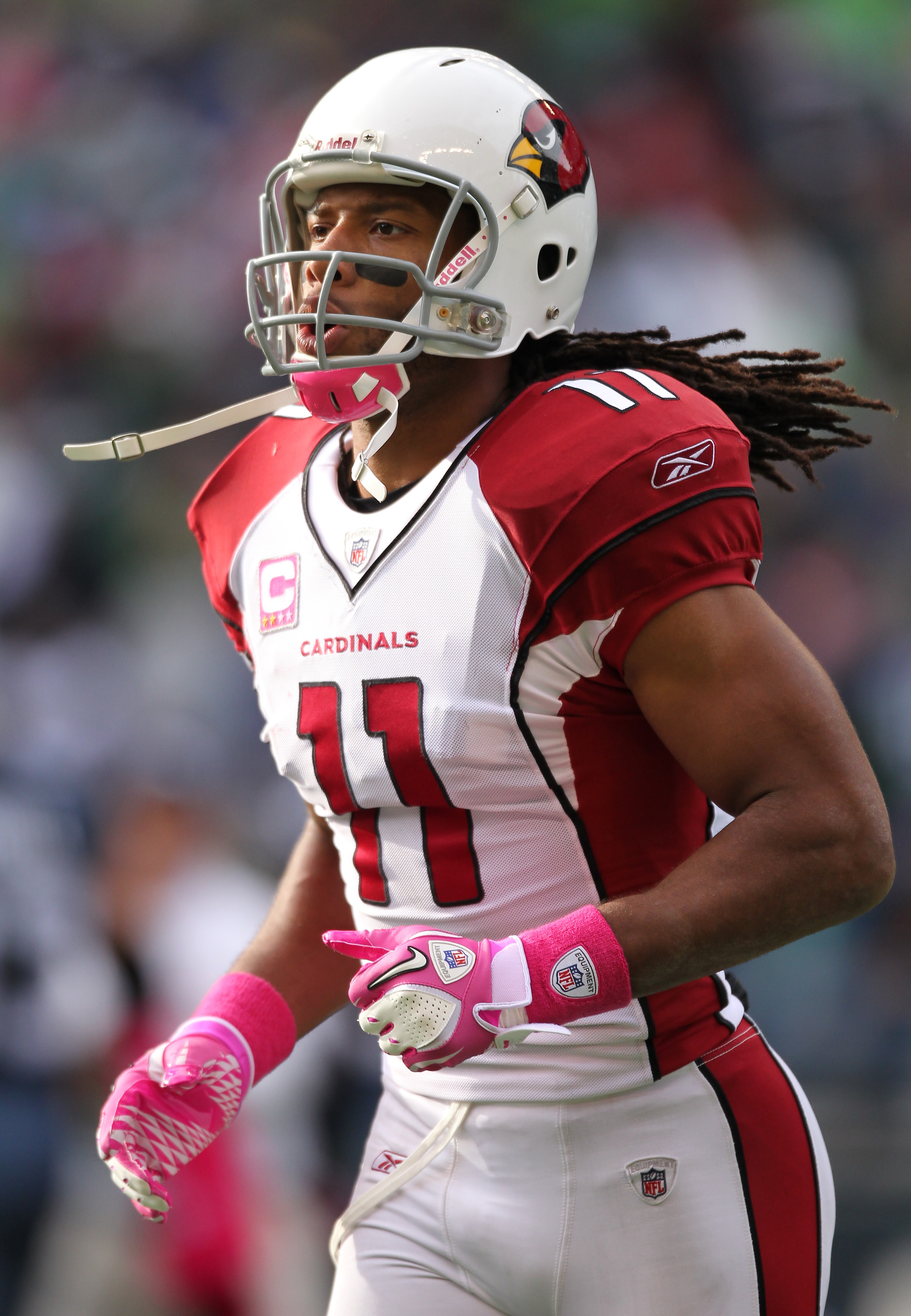 SEATTLE - OCTOBER 24:  Wide receiver Larry Fitzgerald #11 of the Arizona Cardinals looks on during the game against the Seattle Seahawks at Qwest Field on October 24, 2010 in Seattle, Washington. (Photo by Otto Greule Jr/Getty Images)