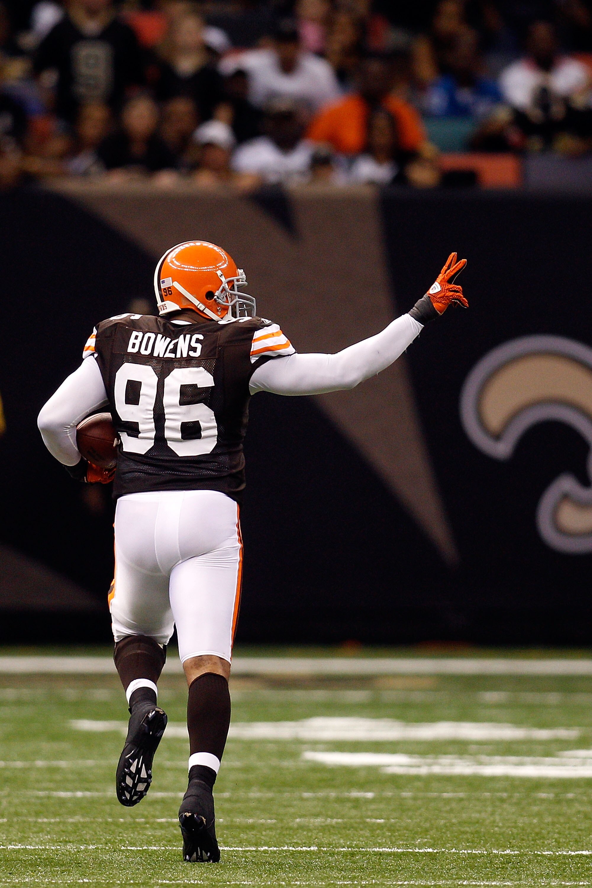 NEW ORLEANS - OCTOBER 24:  David Bowens #96 of the Cleveland Browns returns his second interception of the day for a touchdown against the New Orleans Saints at the Louisiana Superdome on October 24, 2010 in New Orleans, Louisiana.  (Photo by Chris Grayth
