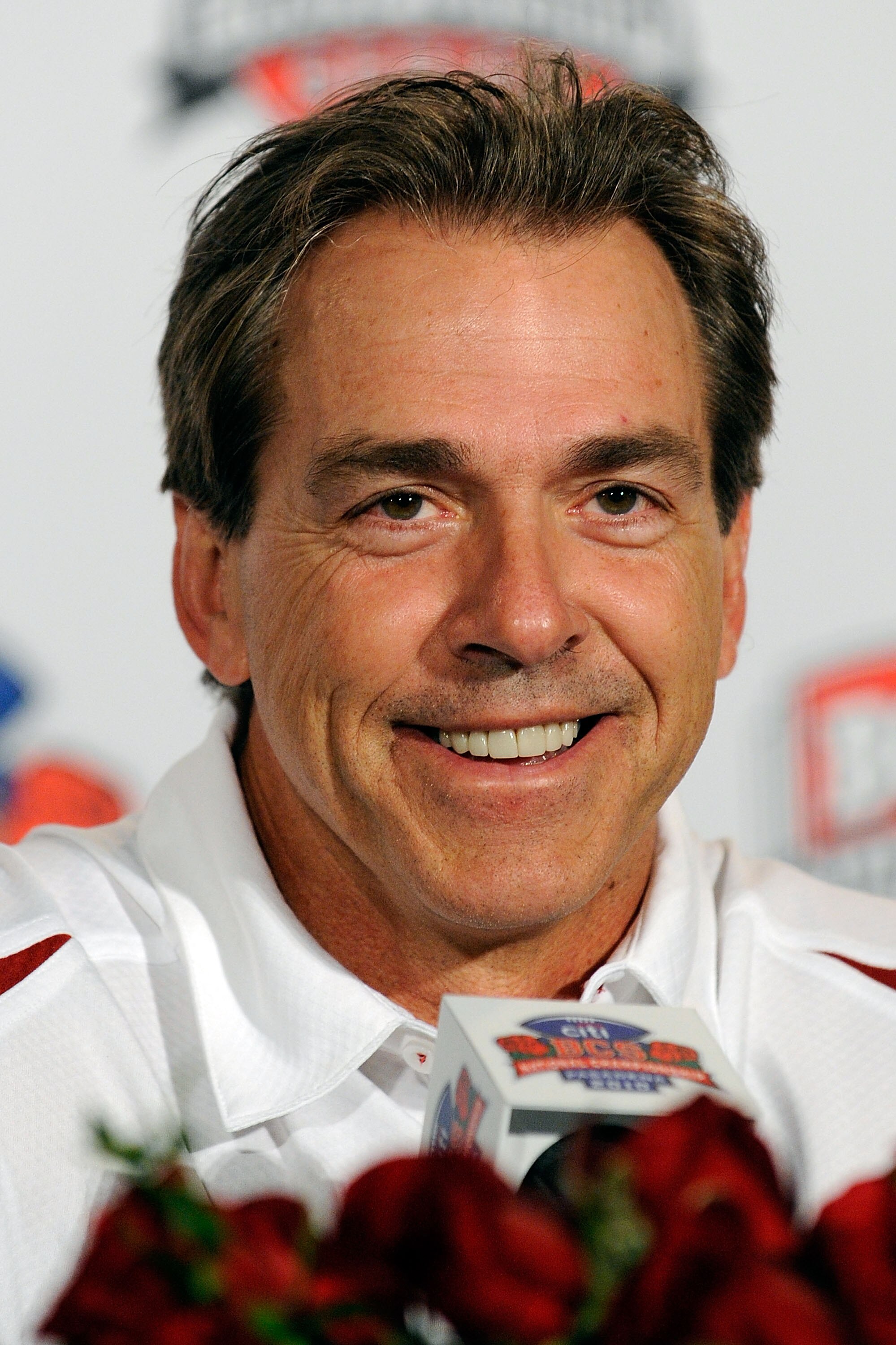 PASADENA, CA - JANUARY 07:  Head coach Nick Saban of the Alabama Crimson Tide speaks during a press conference after winning the Citi BCS National Championship game over the Texas Longhorns at the Rose Bowl on January 7, 2010 in Pasadena, California. The