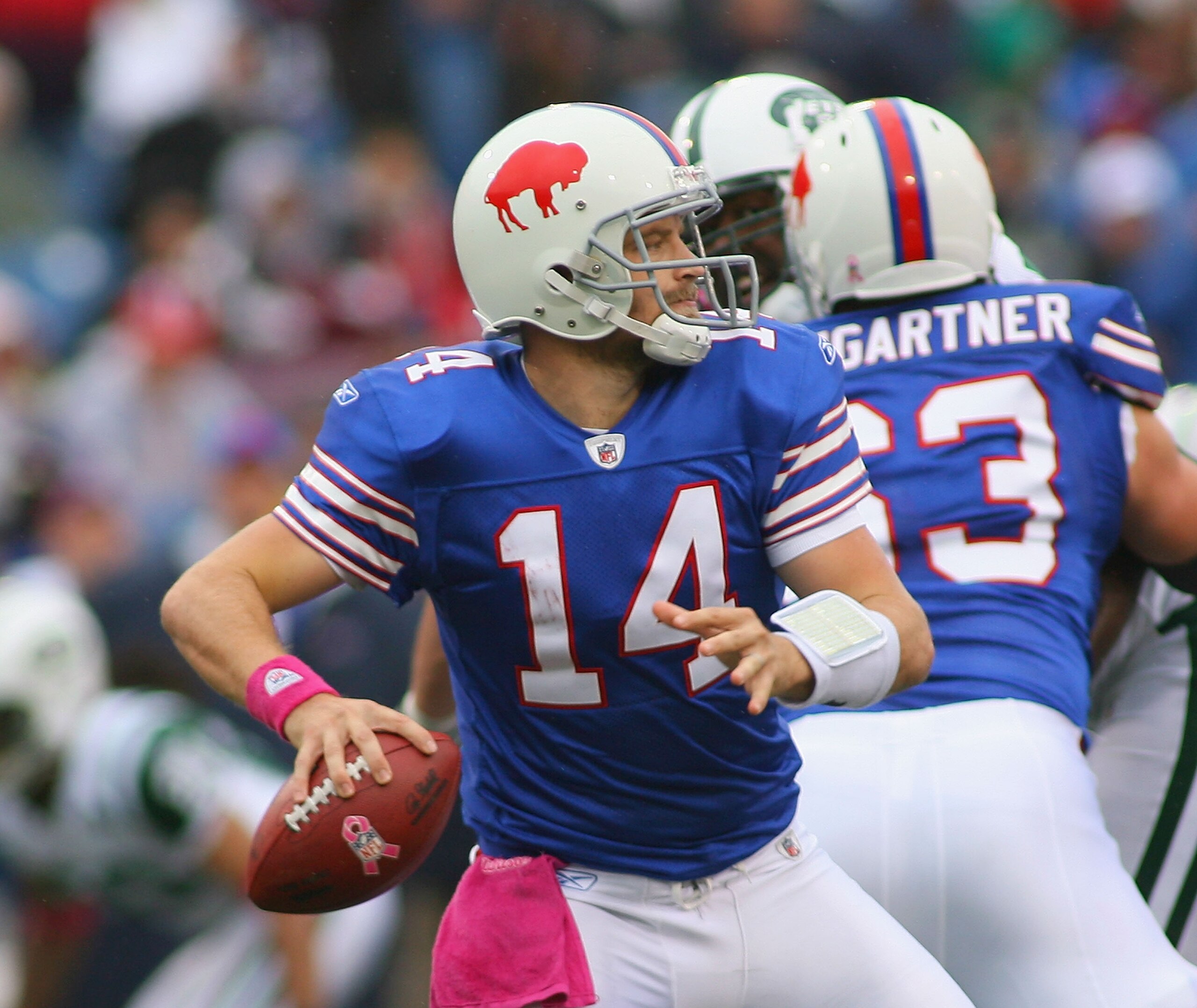 ORCHARD PARK, NY - OCTOBER 03:  Ryan Fitzpatrick #14 of the Buffalo Bills readies to pass against the New York Jets  at Ralph Wilson Stadium on October 3, 2010 in Orchard Park, New York. The Jets won 38-14. (Photo by Rick Stewart/Getty Images)