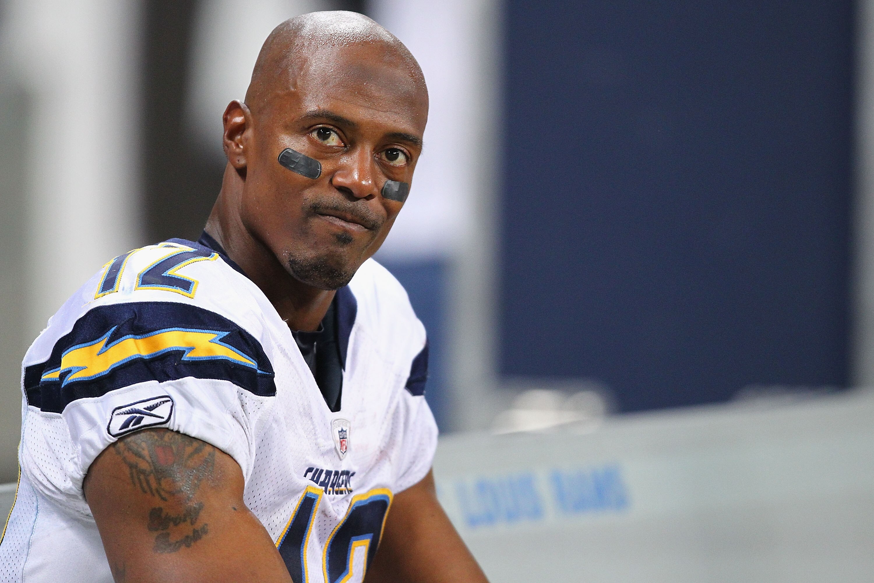 ST. LOUIS - OCTOBER 17: Patrick Crayton #12 of the San Diego Chargers sits on the bench during the waning seconds of a loss against the St. Louis Rams at the Edward Jones Dome on October 17, 2010 in St. Louis, Missouri.  The Rams beat the Chargers 20-17.