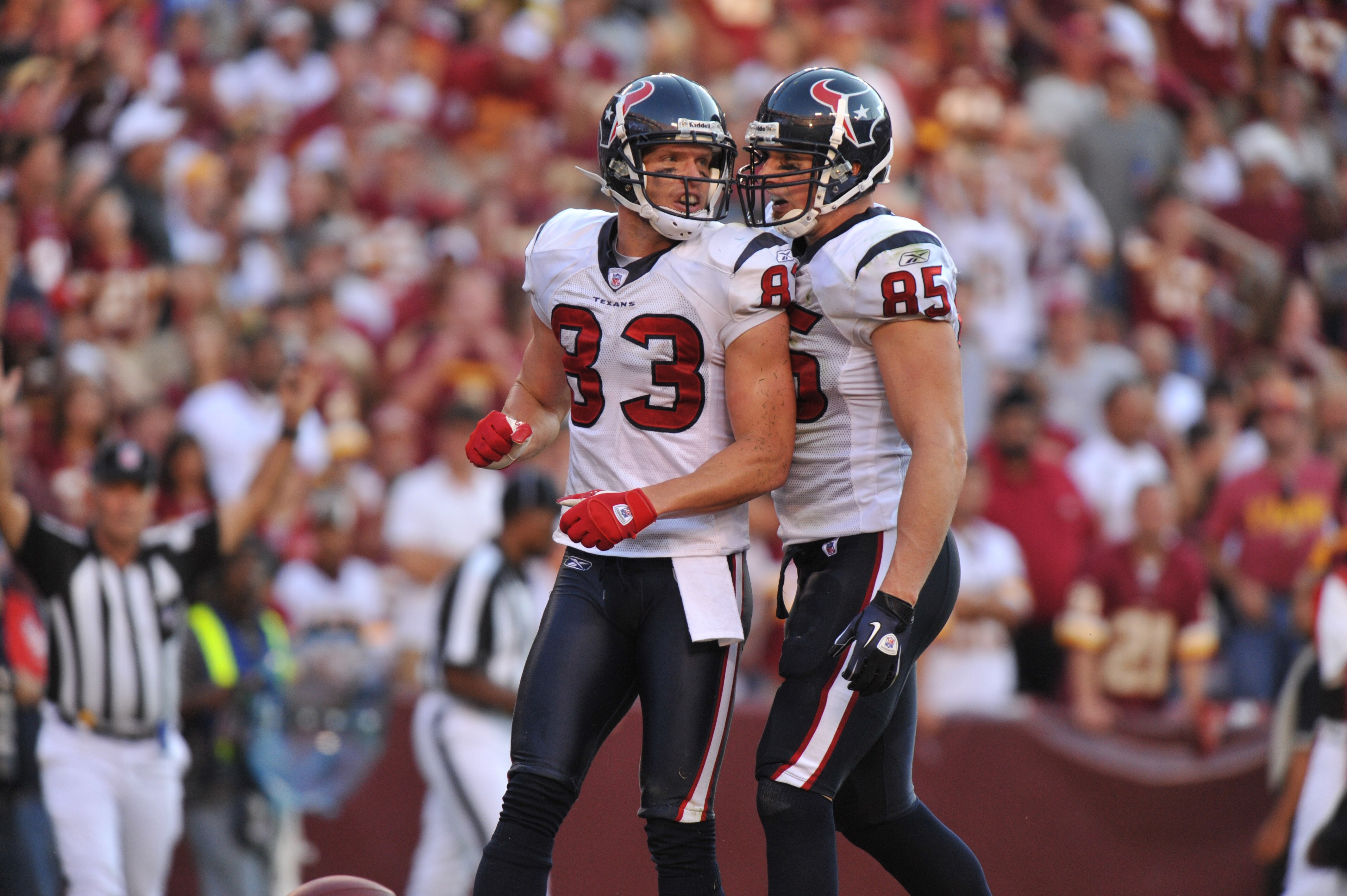 LANDOVER, MD - SEPTEMBER 19:  Kevin Walter #83 of the Houston Texans celebrates his touchdown against the Washington Redskins at FedExField on September 19, 2010 in Landover, Maryland. The Texans defeated the Redskins in overtime 30-27. (Photo by Larry Fr