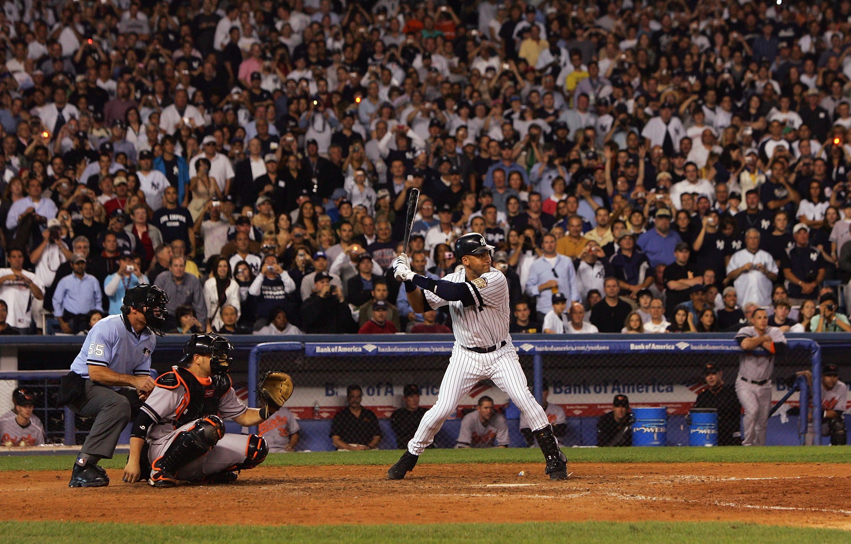 NEW YORK - SEPTEMBER 21: Derek Jeter #2 of the New York Yankees takes his fifth and final at bat against the Baltimore Orioles during the last regular season game at Yankee Stadium on September 21, 2008 in the Bronx borough of New York City. The Yankees a