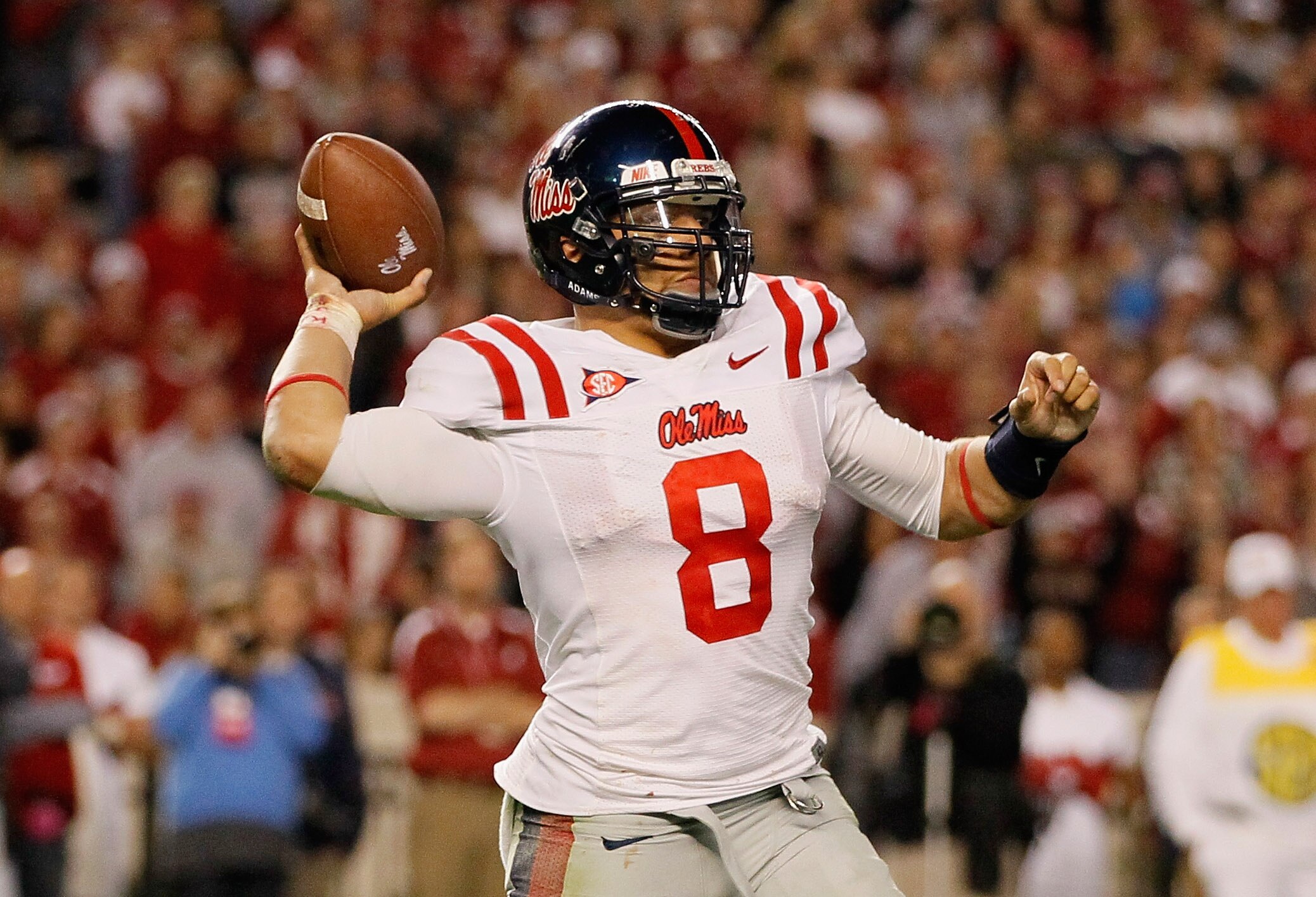 TUSCALOOSA, AL - OCTOBER 16: Quarterback Jeremiah Masoli #8 of the Ole Miss Rebels against the Alabama Crimson Tide at Bryant-Denny Stadium on October 16, 2010 in Tuscaloosa, Alabama. (Photo by Kevin C. Cox/Getty Images) TUSCALOOSA, AL - OCTOBER 16: Quarterback Jeremiah Masoli #8 of the Ole Miss Rebels against the Alabama Crimson Tide at Bryant-Denny Stadium on October 16, 2010 in Tuscaloosa, Alabama. (Photo by Kevin C. Cox/Getty Images)