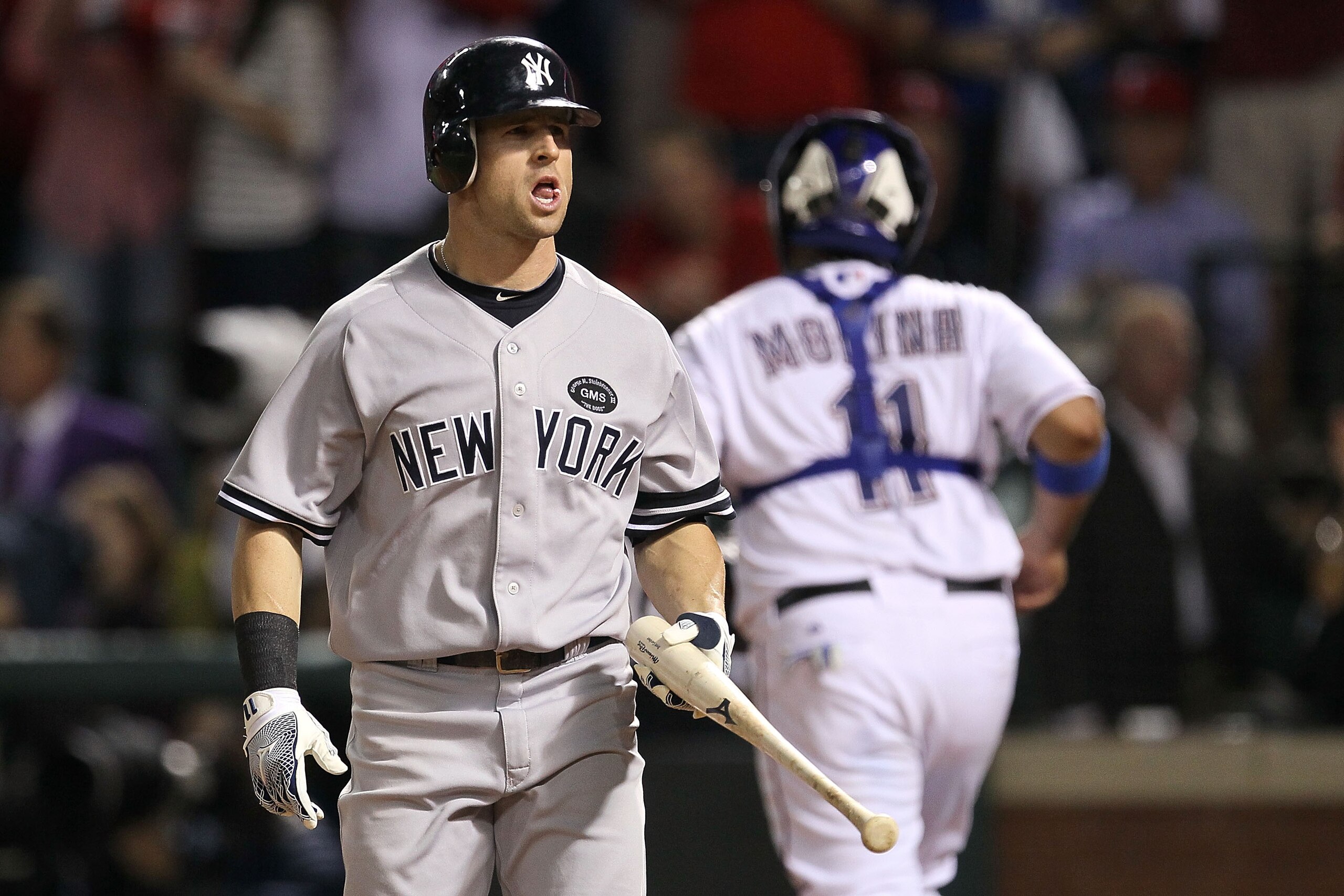 ARLINGTON, TX - OCTOBER 22: Brett Gardner #11 of the New York Yankees reacts after striking out in the third inning of Game Six of the ALCS against the Texas Rangers during the 2010 MLB Playoffs at Rangers Ballpark in Arlington on October 22, 2010 in Arl ARLINGTON, TX - OCTOBER 22: Brett Gardner #11 of the New York Yankees reacts after striking out in the third inning of Game Six of the ALCS against the Texas Rangers during the 2010 MLB Playoffs at Rangers Ballpark in Arlington on October 22, 2010 in Arl