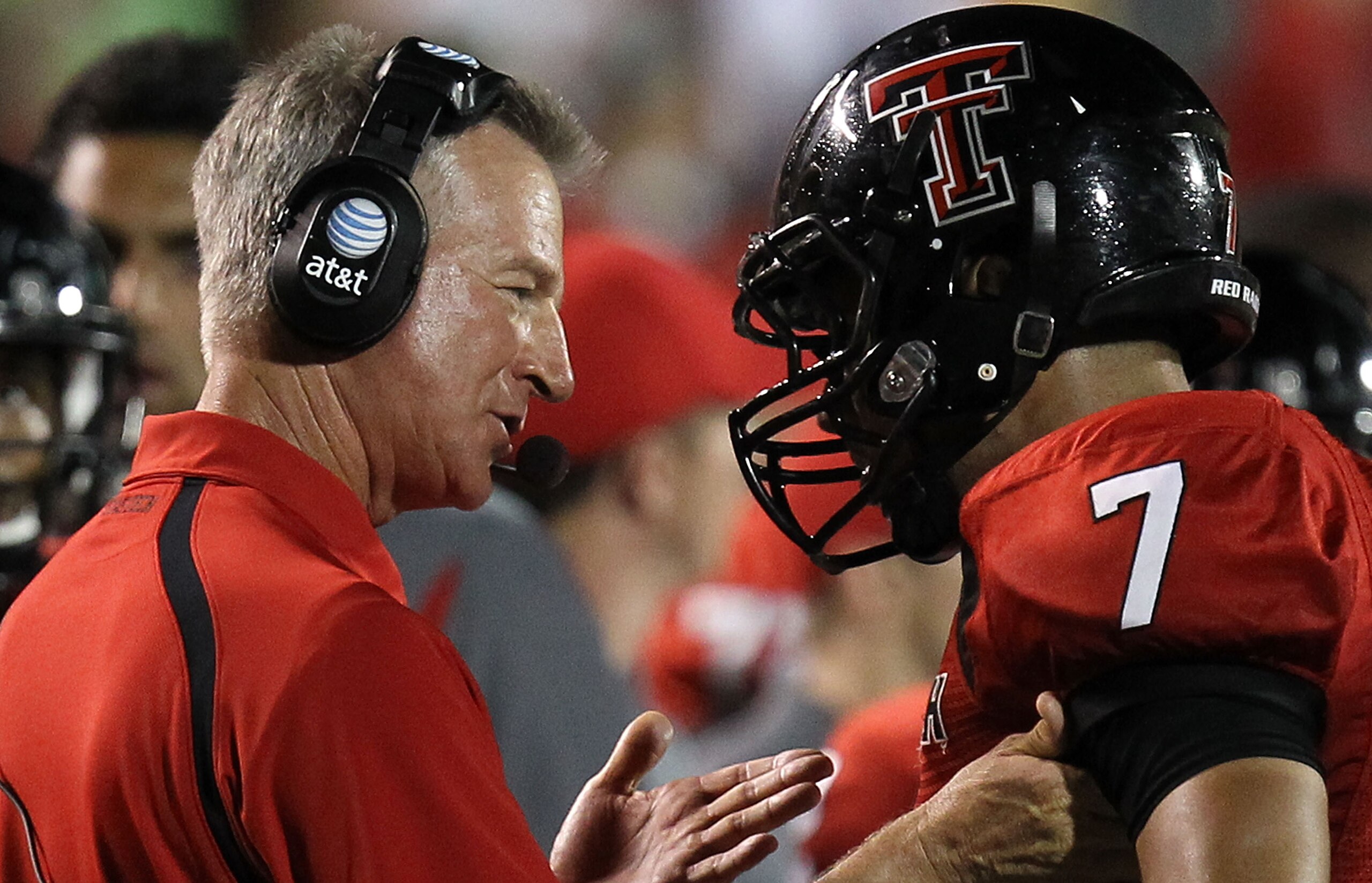LUBBOCK, TX - SEPTEMBER 18: Head coach Tommy Tuberville of the Texas Tech Red Raiders talks with Will Ford #7 during play against the Texas Longhorns at Jones AT&T Stadium on September 18, 2010 in Lubbock, Texas. (Photo by Ronald Martinez/Getty Images) LUBBOCK, TX - SEPTEMBER 18: Head coach Tommy Tuberville of the Texas Tech Red Raiders talks with Will Ford #7 during play against the Texas Longhorns at Jones AT&T Stadium on September 18, 2010 in Lubbock, Texas. (Photo by Ronald Martinez/Getty Images)