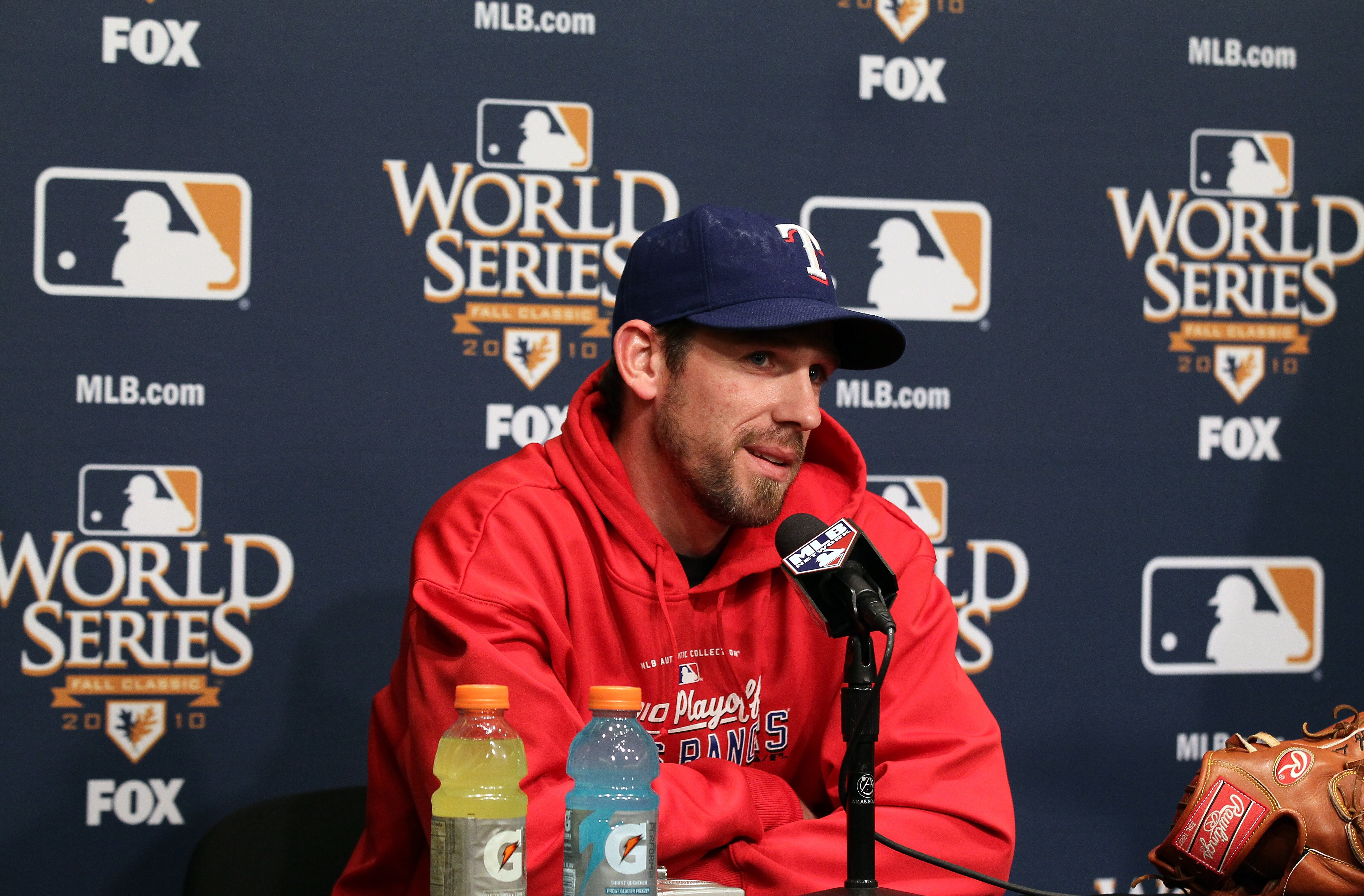 SAN FRANCISCO - OCTOBER 26:  Texas Rangers starting pitcher Cliff Lee speaks to reporters at AT&T Park on October 26, 2010 in San Francisco, California.  The San Francisco Giants will face the Texas Rangers in the first game of the World Series on Wednesd