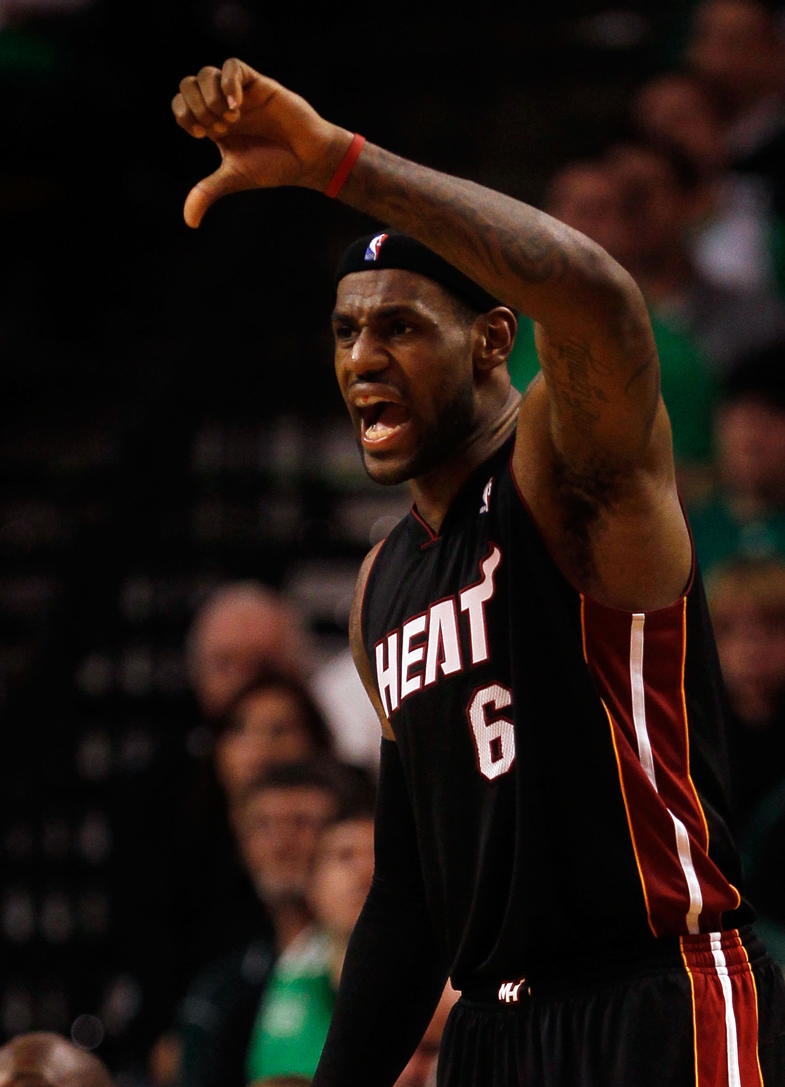 BOSTON, MA - OCTOBER 26: LeBron James #6 of the Miami Heat reacts in the fourth quarter against the Boston Celtics at the TD Banknorth Garden on October 26, 2010 in Boston, Massachusetts. NOTE TO USER: User expressly acknowledges and agrees that, by downl