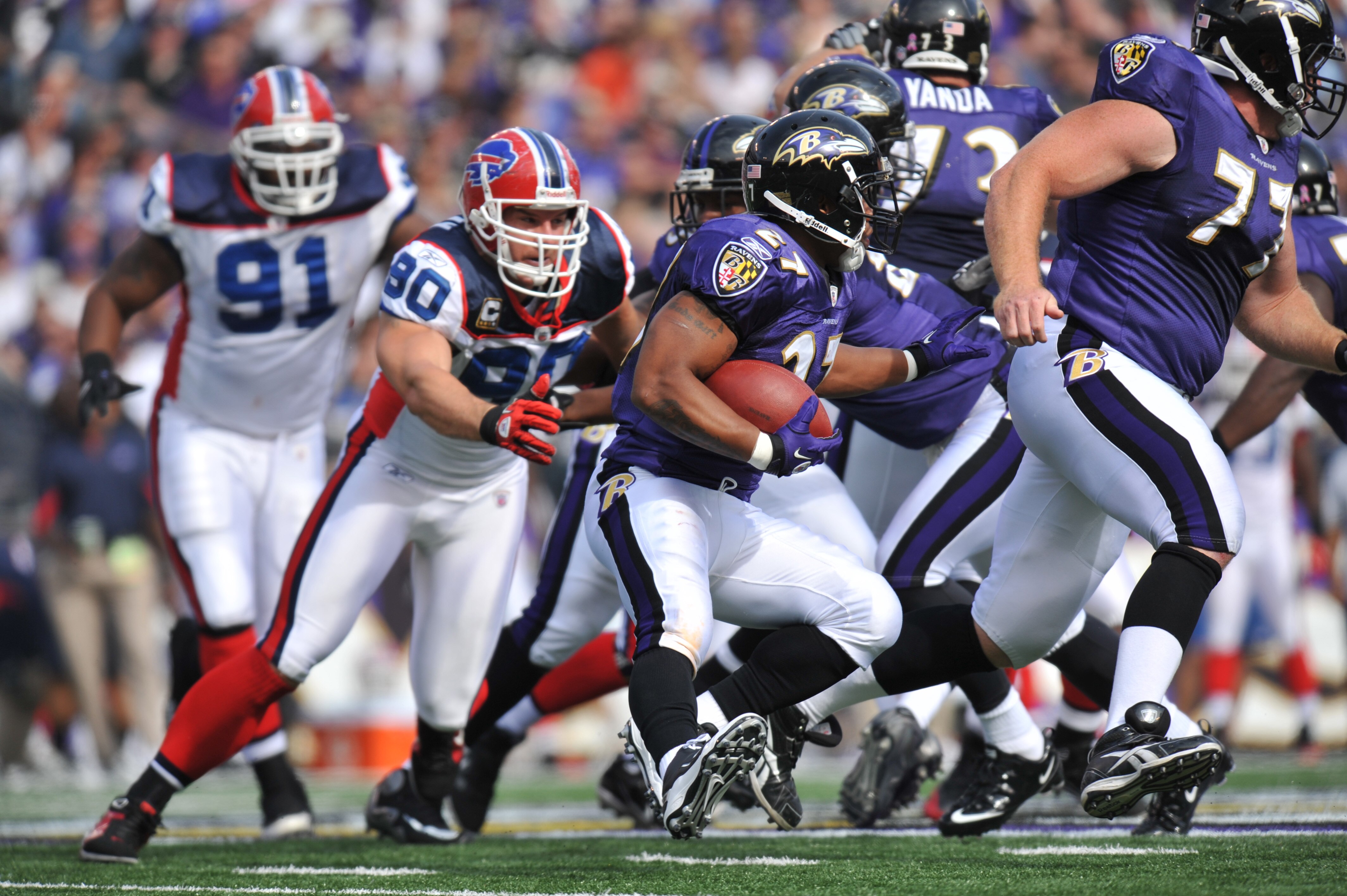 BALTIMORE, MD - OCTOBER 24:  Ray Rice #27 of the Baltimore Ravens runs the ball against the Buffalo Bills at M&T Bank Stadium on October 24, 2010 in Baltimore, Maryland. The Ravens defeated the Bills 37-34. (Photo by Larry French/Getty Images)