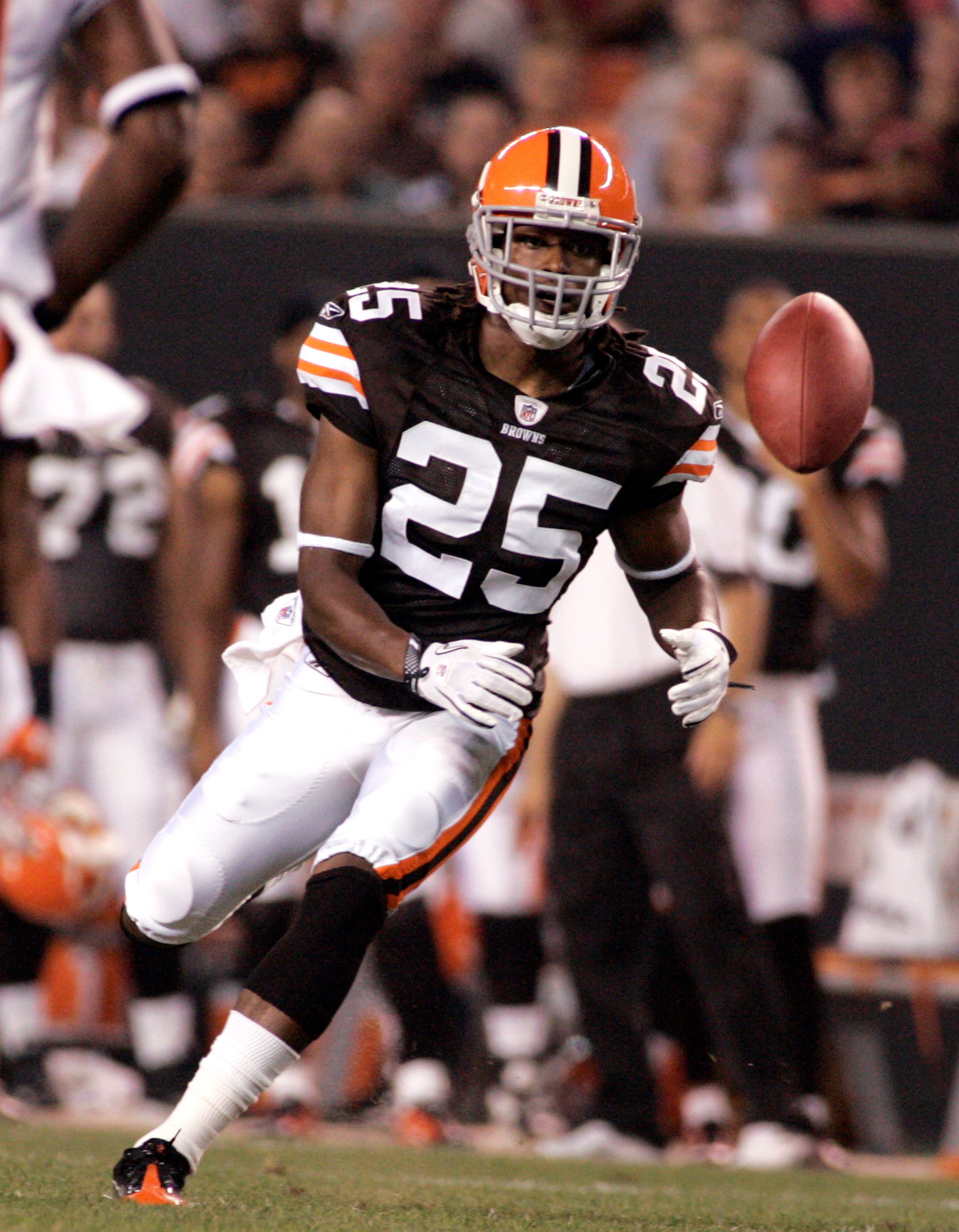 CLEVELAND - SEPTEMBER 2: Coye Francies #25 of the Cleveland Browns eyes the ball against the Chicago Bears during the preseason game on September 2, 2010 at Cleveland Browns Stadium in Cleveland, Ohio. The Browns defeated the Bears 13-10. (Photo by Justin