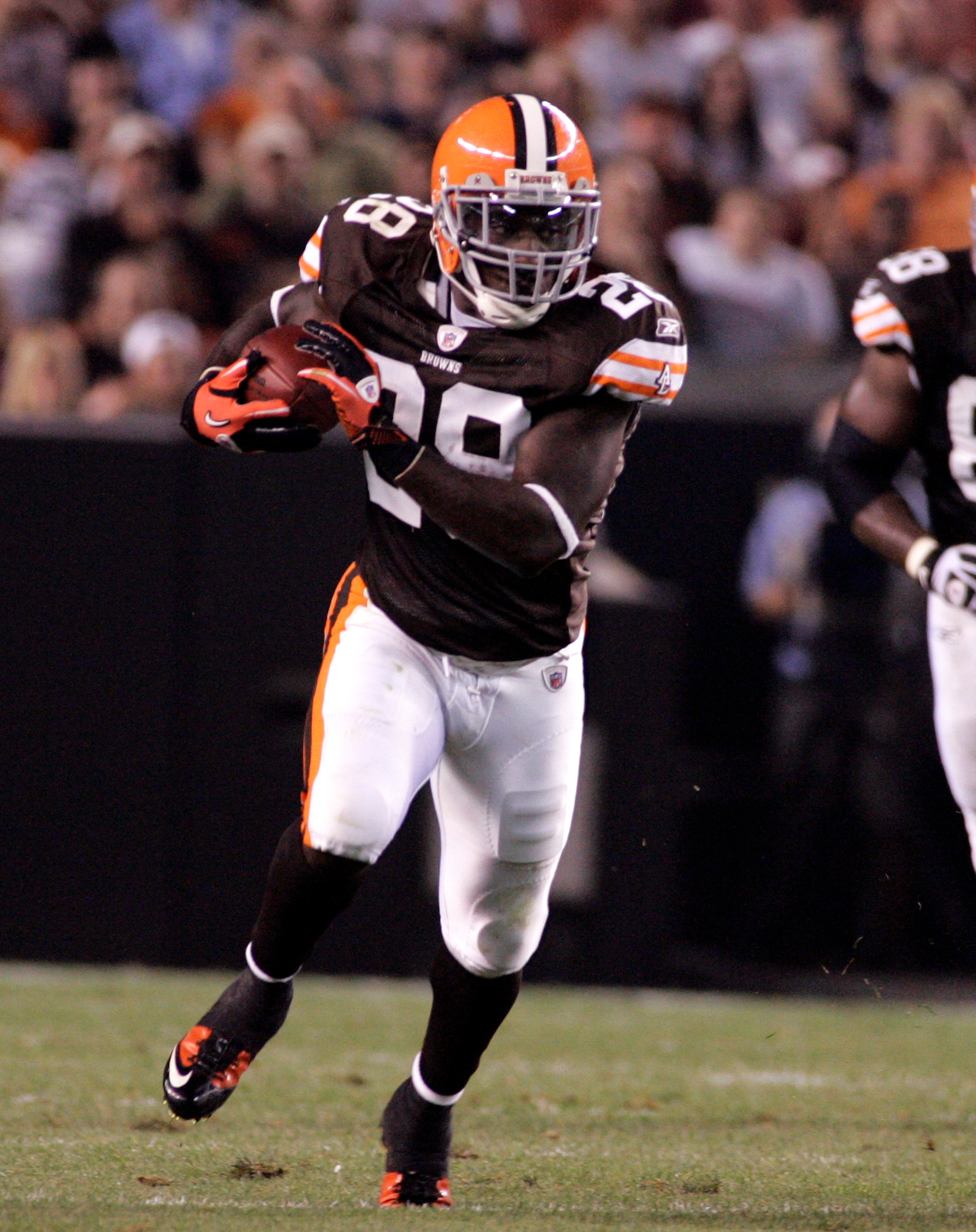CLEVELAND - SEPTEMBER 2: James Davis #28 of the Cleveland Browns carries the ball up field against the Chicago Bears during the preseason game on September 2, 2010 at Cleveland Browns Stadium in Cleveland, Ohio. The Browns defeated the Bears 13-10. (Photo