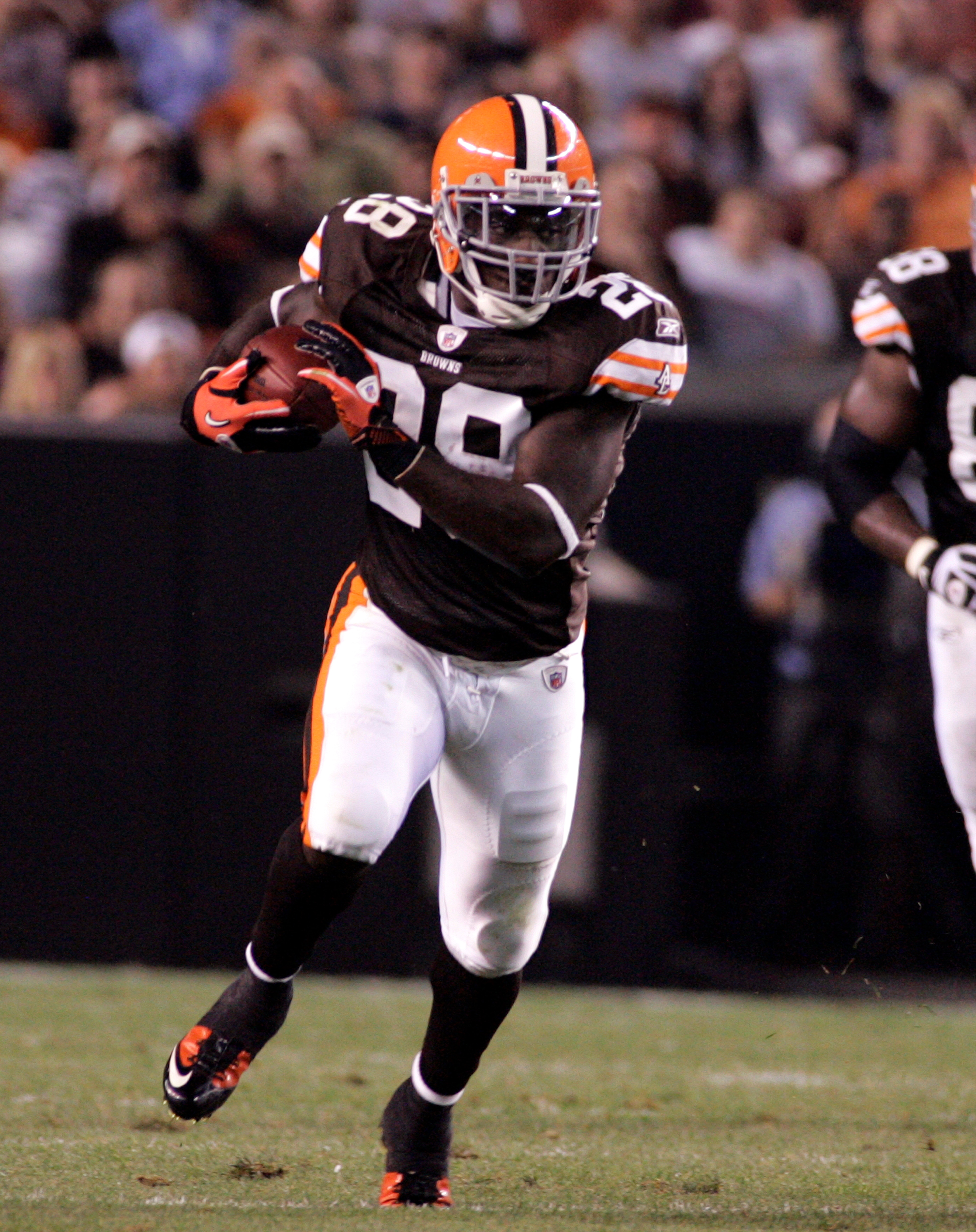 CLEVELAND - SEPTEMBER 2: James Davis #28 of the Cleveland Browns carries the ball up field against the Chicago Bears during the preseason game on September 2, 2010 at Cleveland Browns Stadium in Cleveland, Ohio. The Browns defeated the Bears 13-10. (Photo