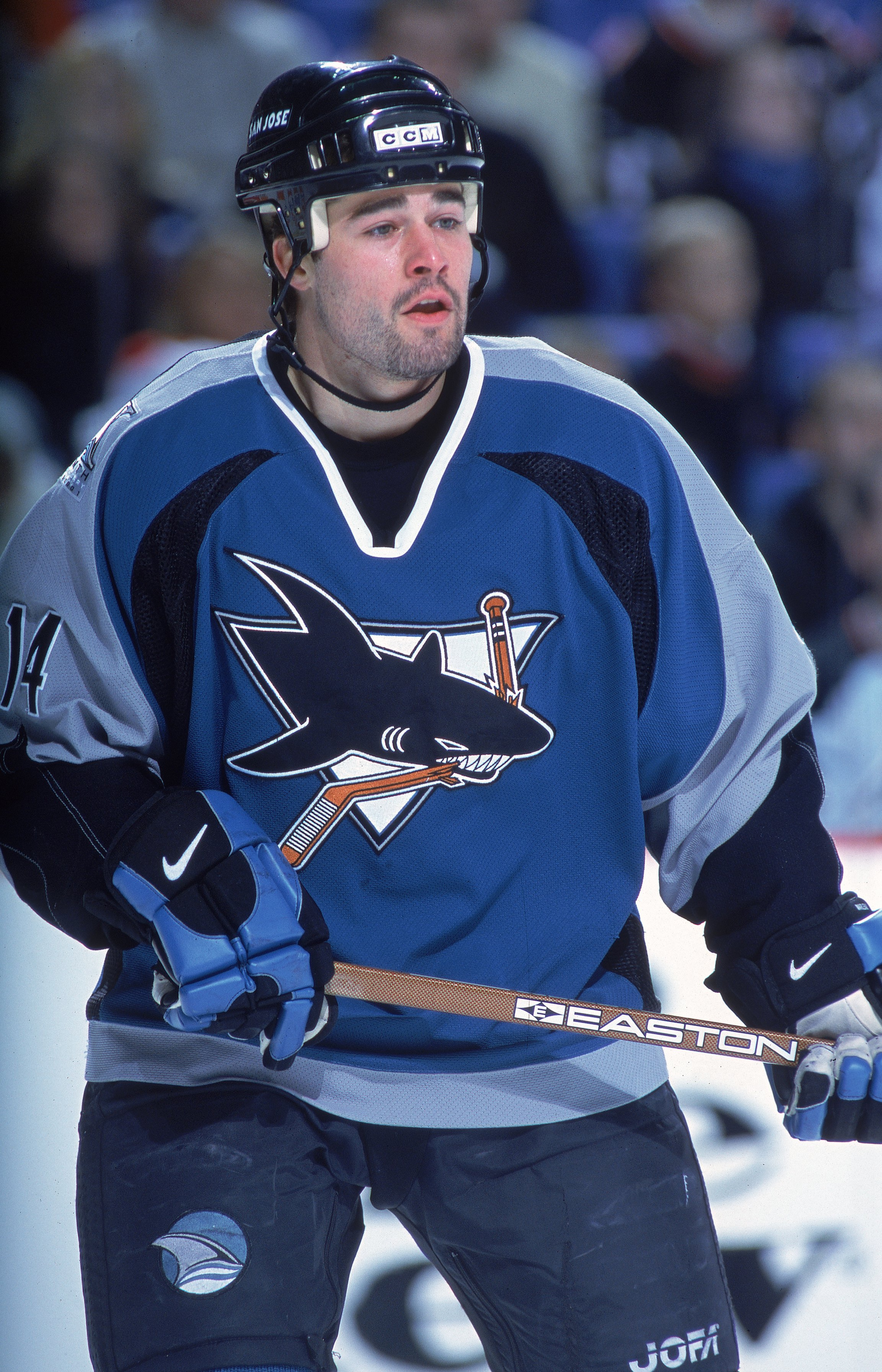 23 Dec 2000:   Patrick Marleau #14 of the San Jose Sharks moves on the ice during the game against the Buffalo Sabres  during the game at HSBC Arena in Buffalo, New York. The Sabres defeated the Sharks 5-2.Mandatory Credit: Rick Stewart  /Allsport