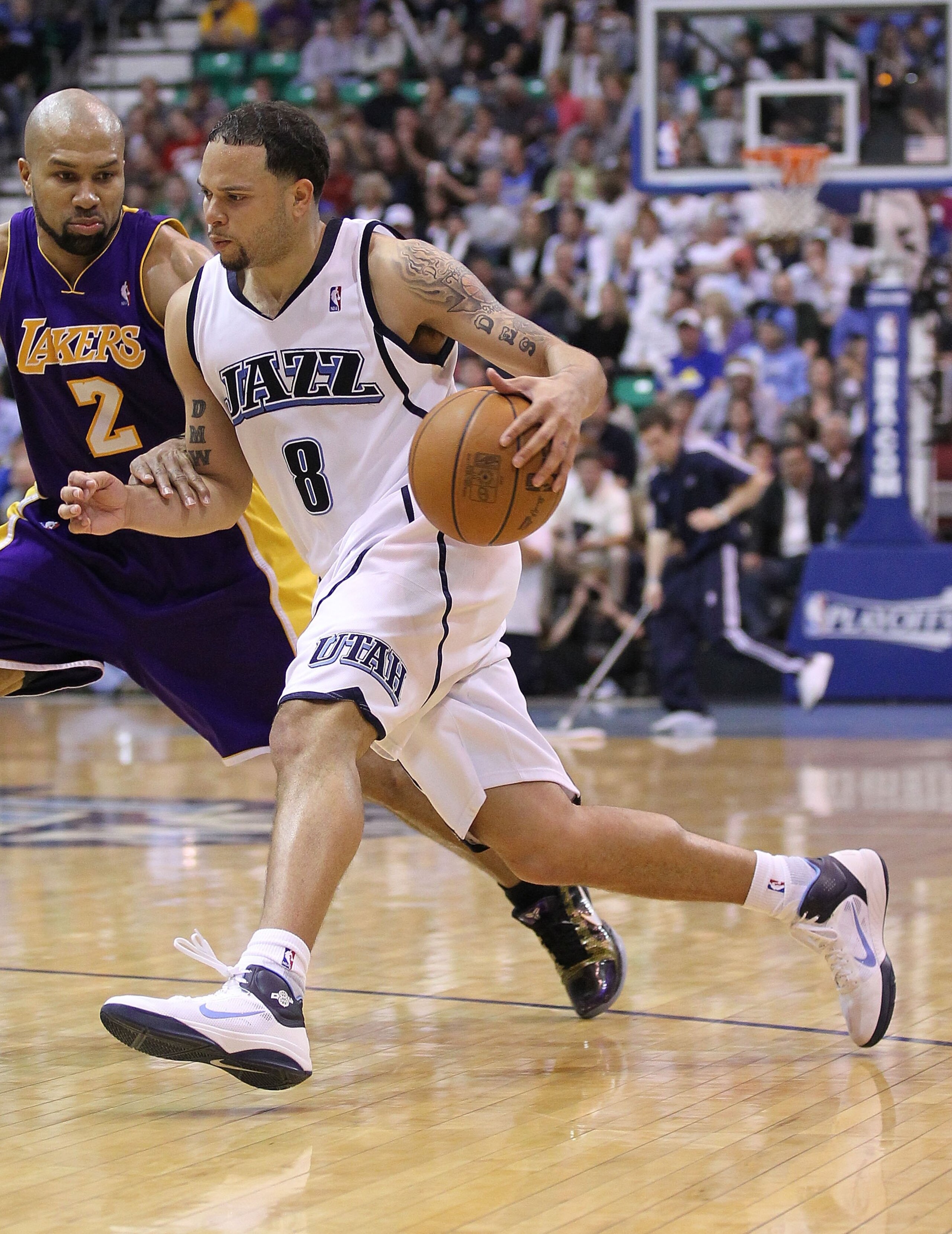 SALT LAKE CITY - MAY 10: Deron Williams #8 of the Utah Jazz in action against the Los Angeles Lakers during Game Four of the Western Conference Semifinals of the 2010 NBA Playoffs on May 10, 2010 at Energy Solutions Arena in Salt Lake City, Utah. NOTE TO SALT LAKE CITY - MAY 10: Deron Williams #8 of the Utah Jazz in action against the Los Angeles Lakers during Game Four of the Western Conference Semifinals of the 2010 NBA Playoffs on May 10, 2010 at Energy Solutions Arena in Salt Lake City, Utah. NOTE TO