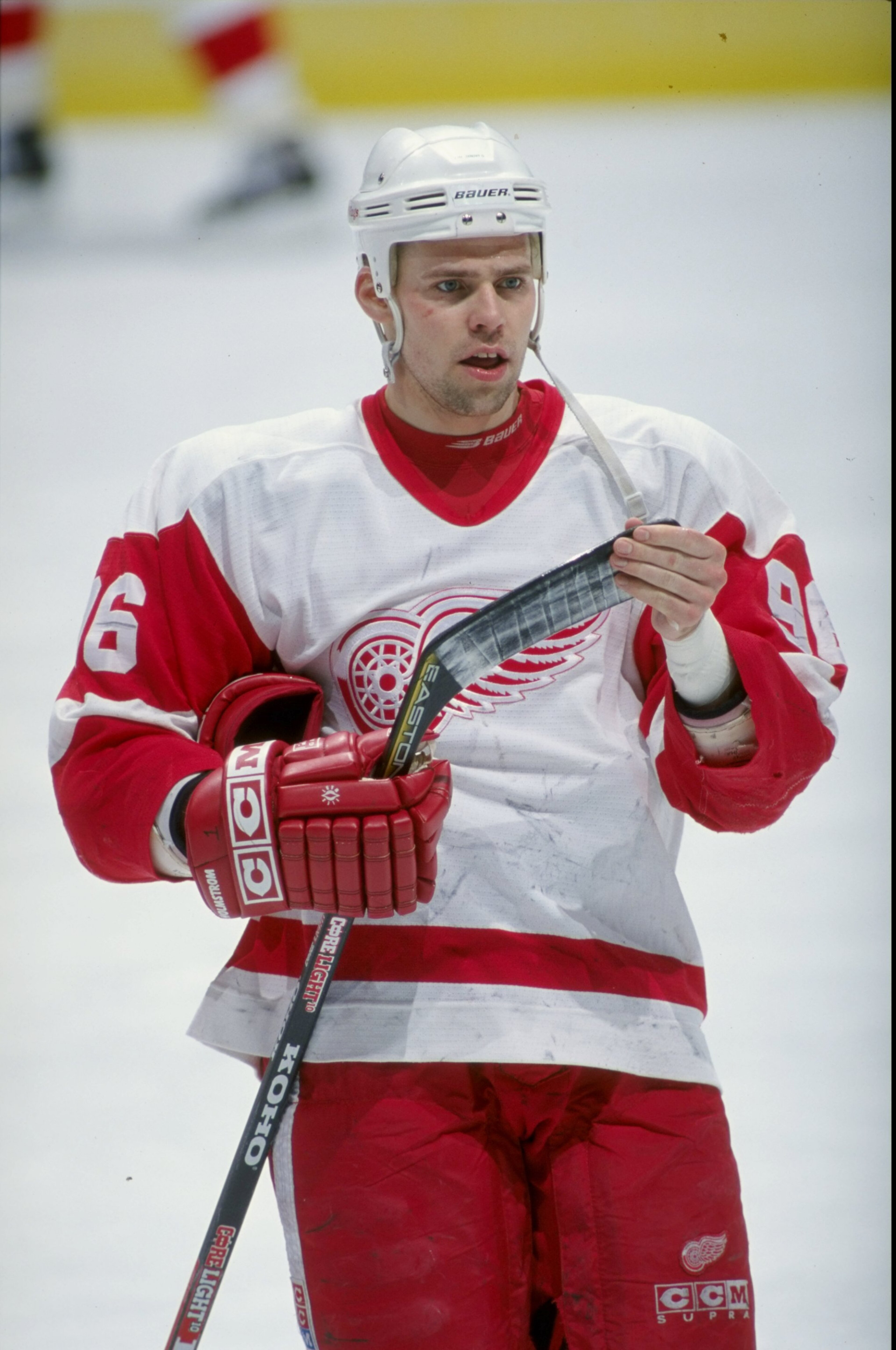 19 Jan 1999: Tomas Holmstrom #96 of the Detroit Red Wings in action during the game against the Calgary Flames at the Canadian Airlines Saddledome in Calgary, Alberta, Canada. The Flames defeated the Red Wings 3-1. Mandatory Credit: Ian Tomlinson  /Allspo