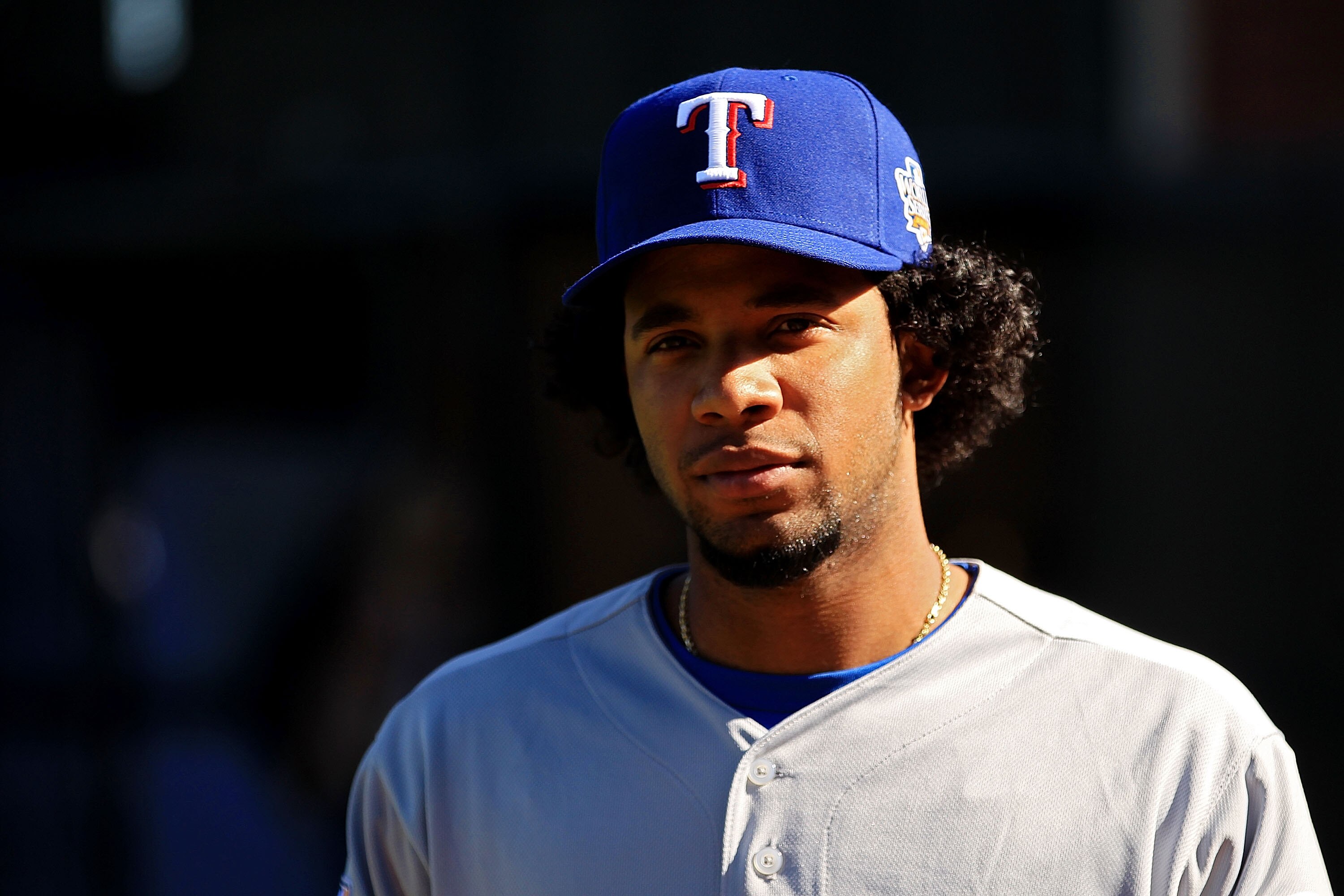 SAN FRANCISCO - OCTOBER 26:  Elvis Andrus #1 of the Texas Rangers walks on the field prior to a workout session at AT&T Park on October 26, 2010 in San Francisco, California. The Texas Rangers will face off against the San Francisco Giants in Game One of