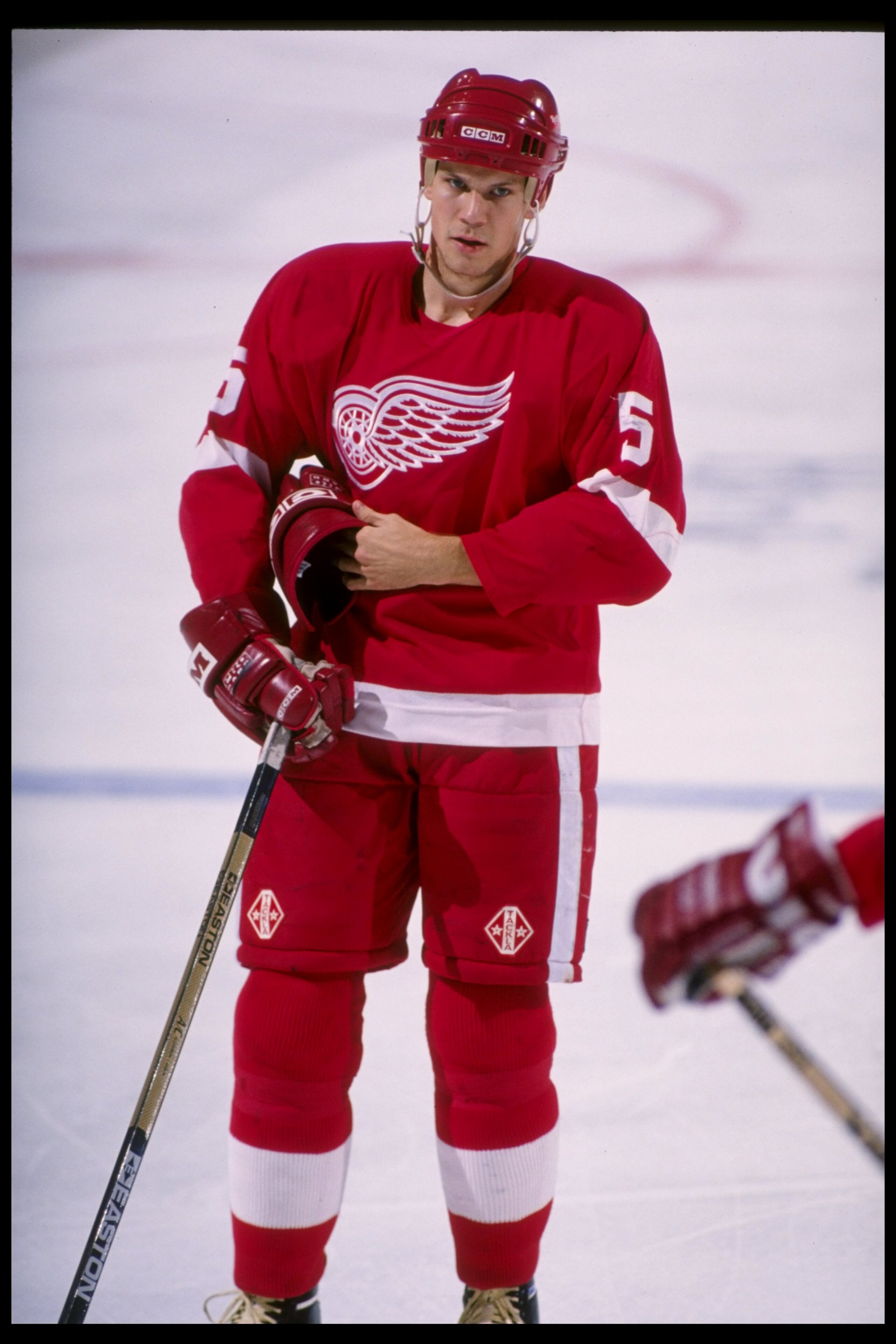 Defenseman Nicklas Lidstrom of the Detroit Red Wings looks on during a game against the Buffalo Sabres at Memorial Auditorium in Buffalo, New York. The Sabres won the game, 2-1.