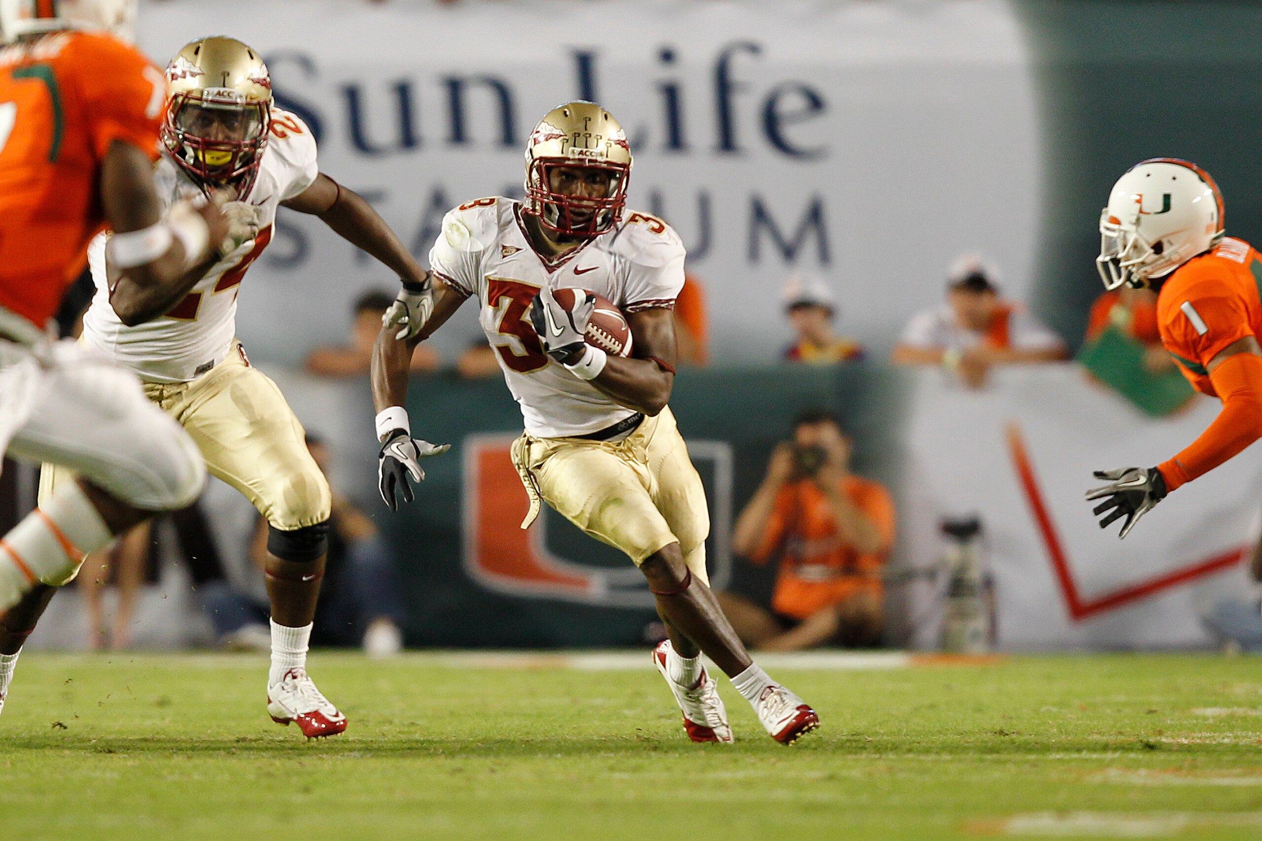 MIAMI, FL - OCTOBER 9: Jermaine Thomas #38 of the Florida State Seminoles runs with the ball against the Miami Hurricanes on October 9, 2010 at Sun Life Stadium in Miami, Florida. (Photo by Joel Auerbach/Getty Images)