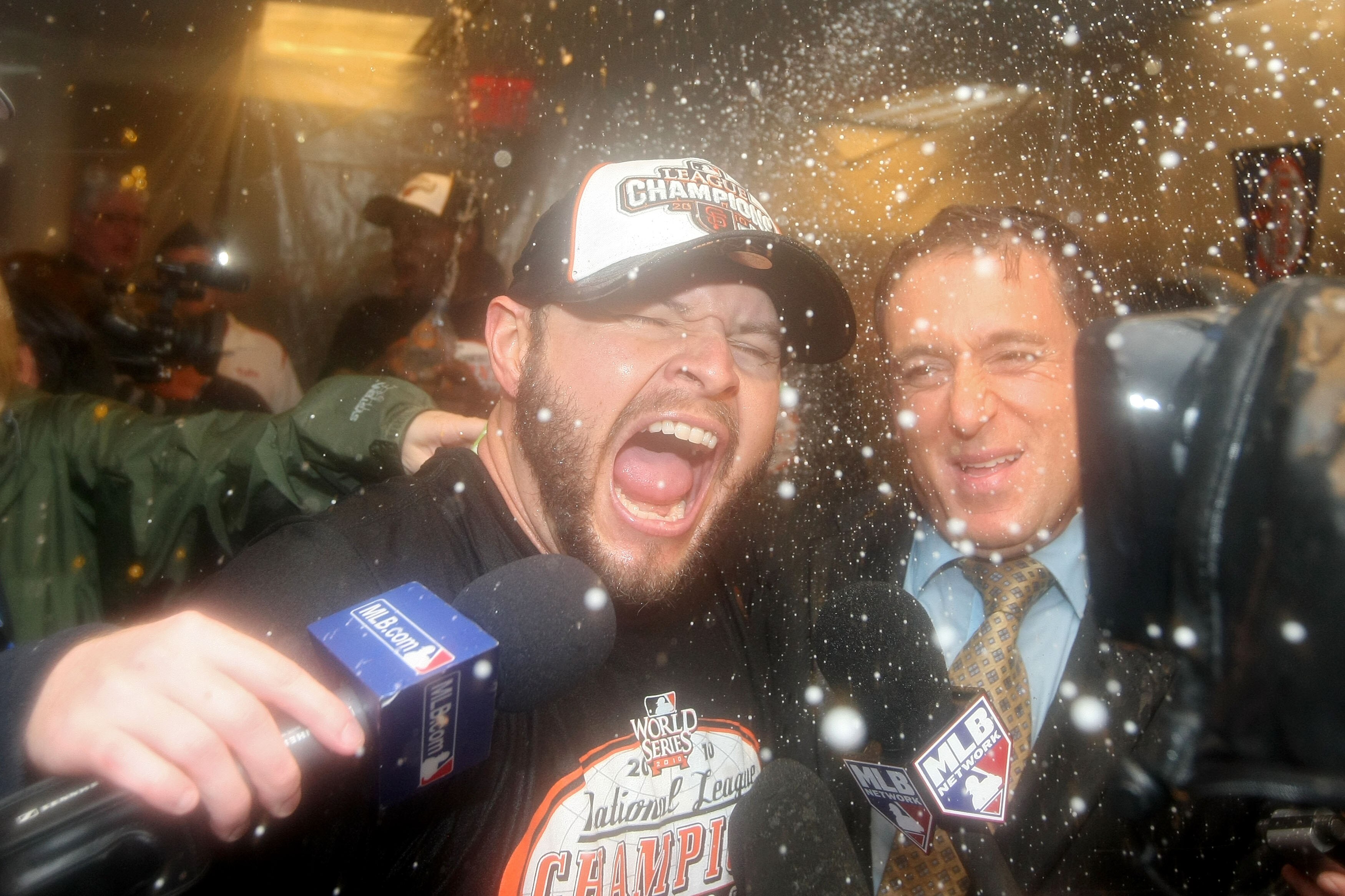 PHILADELPHIA - OCTOBER 23:  Cody Ross #13 of the San Francisco Giants celebrates after defeating the Philadelphia Phillies 3-2 and winning the pennant in Game Six of the NLCS during the 2010 MLB Playoffs at Citizens Bank Park on October 23, 2010 in Philad