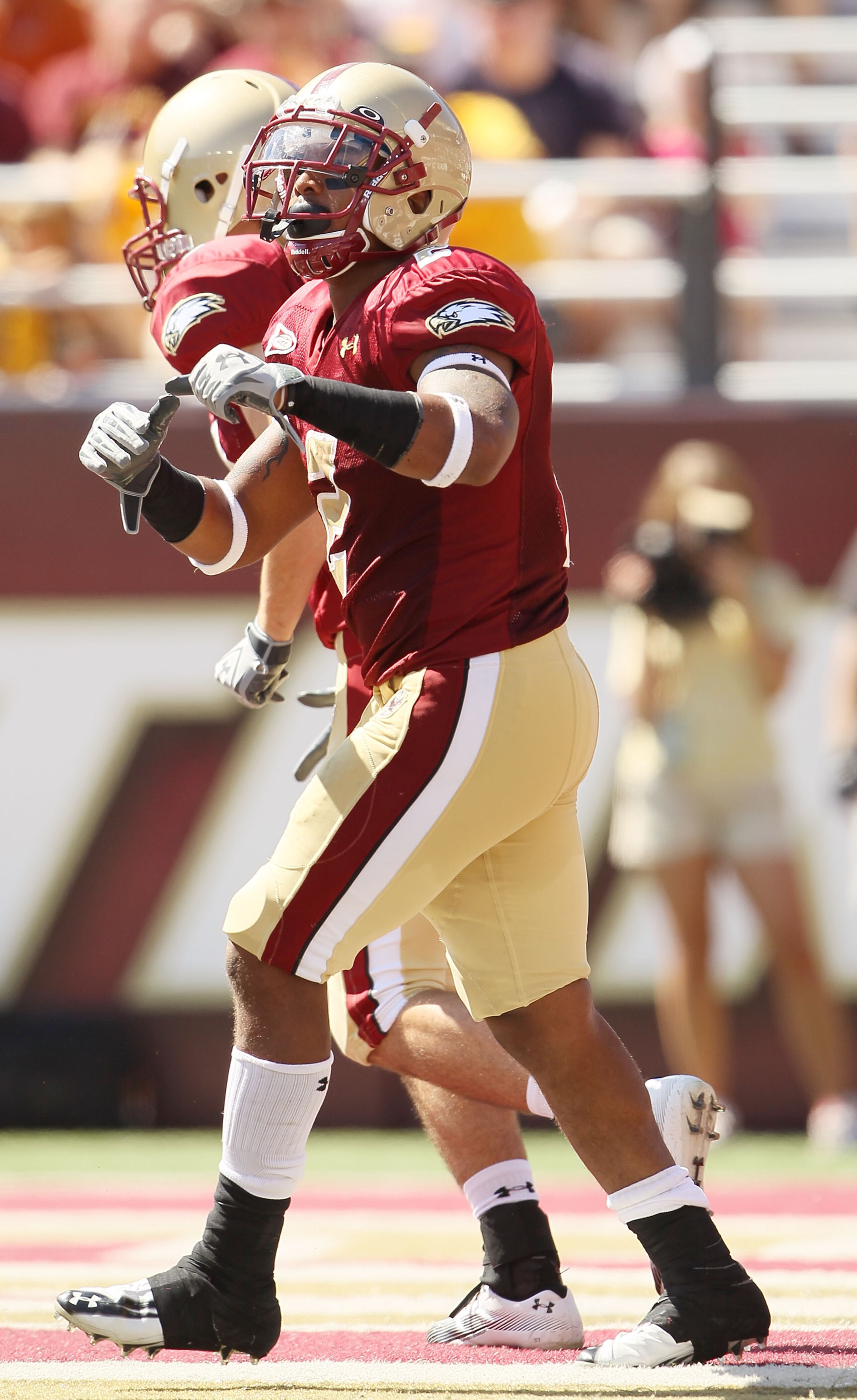 CHESTNUT HILL, MA - SEPTEMBER 04:  Montel Harris #2 of the Boston College Eagles celebrates his touchdown in the second quarter against the Weber State Wildcats on September 4, 2010 at Alumni Stadium in Chestnut Hill, Massachusetts.  (Photo by Elsa/Getty 