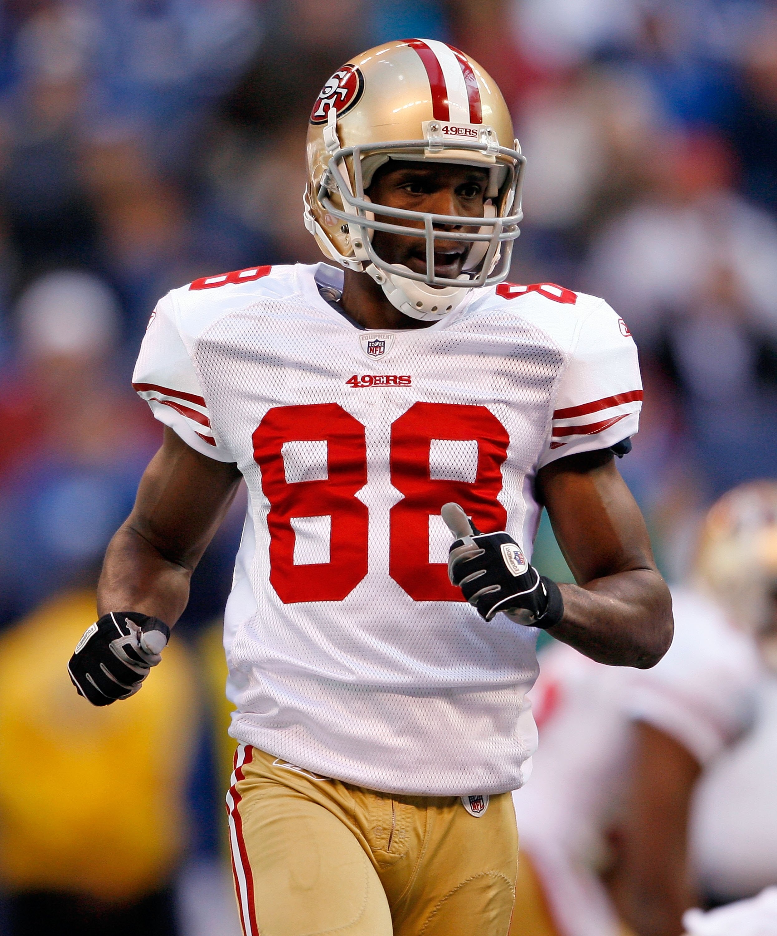 INDIANAPOLIS - NOVEMBER 01:  Isaac Bruce #88 of the San Francisco 49ers runs the pattern during the NFL game against  the Indianapolis Colts  at Lucas Oil Stadium on November 1, 2009 in Indianapolis, Indiana. The Colts won 18-14.  (Photo by Andy Lyons/Get