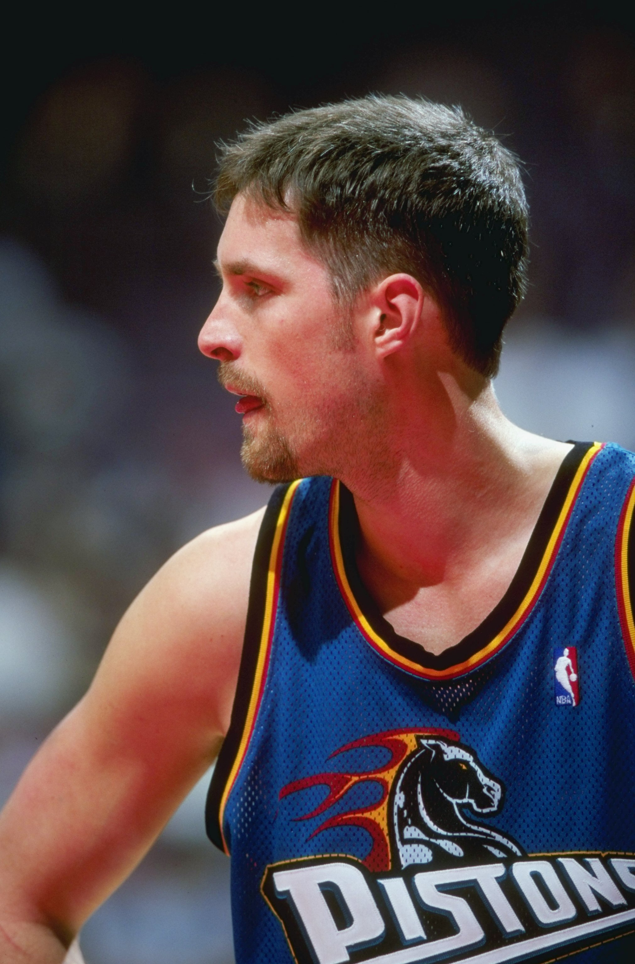 24 Mar 1999: Christian Laettner #32 of the Detroit Pistons looks on during a game against the New Jersey Nets at the Continental Airlines Arena in East Rutherford, New Jersey. The Piston defeated the Nets 84-71.
