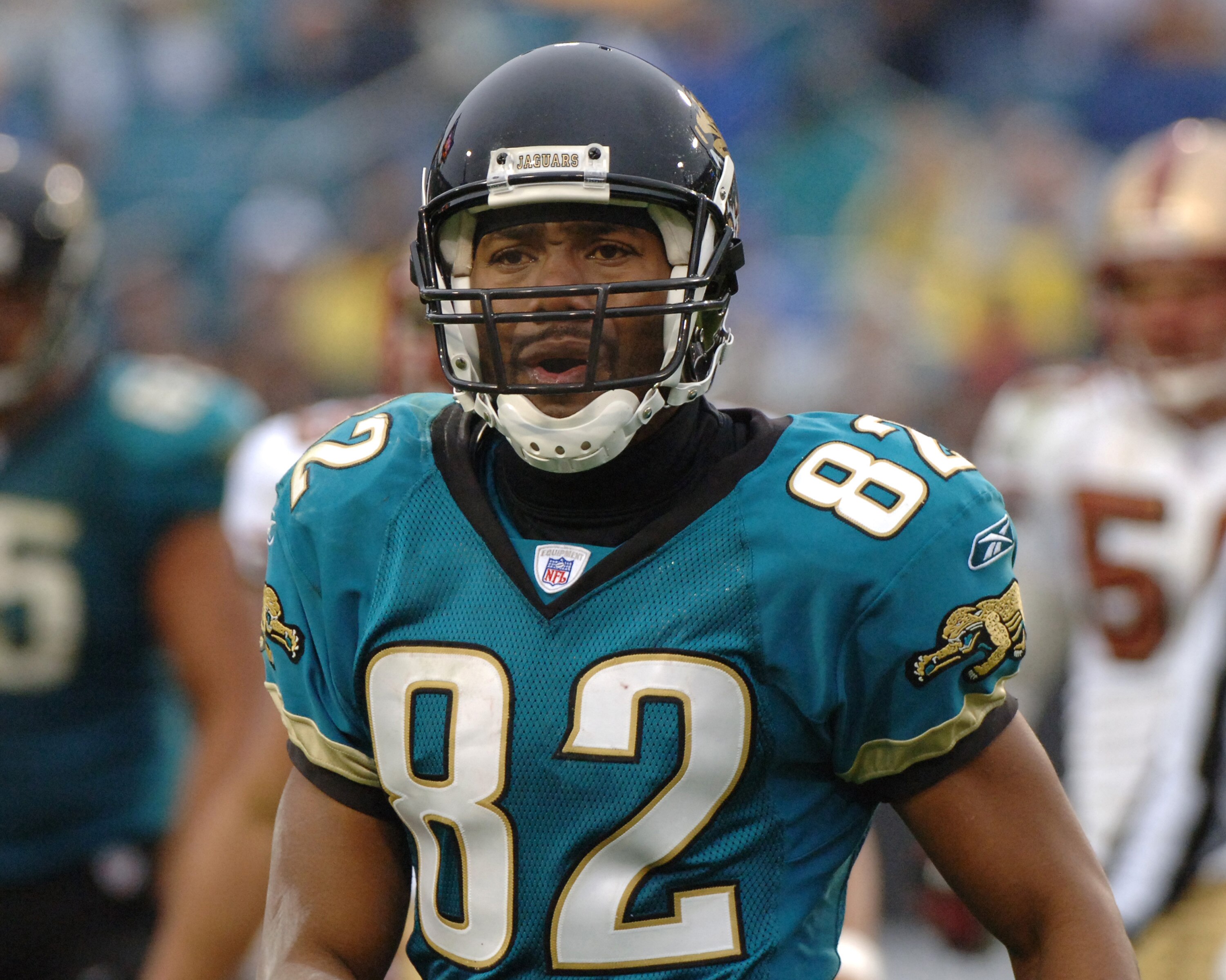 Jacksonville Jaguars wide receiver Jimmie Smith watches play against the San Francisco 49ers  December 18, 2005 in Jacksonville.    The Jaguars defeated the 49ers 10 - 9.  (Photo by Al Messerschmidt/Getty Images)