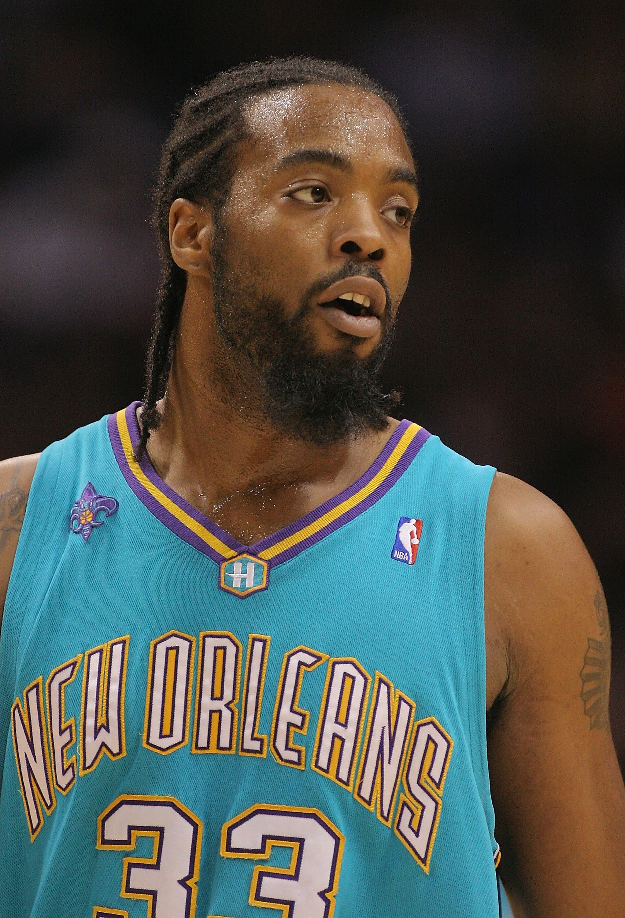 PHOENIX - FEBRUARY 06:  Melvin Ely #33 of the New Orleans Hornets looks across the court during the game against thePhoenix Suns on February 6, 2008 at US Airways Center in Phoenix, Arizona.  The Hornets won in double overtime 132-130.   NOTE TO USER: Use