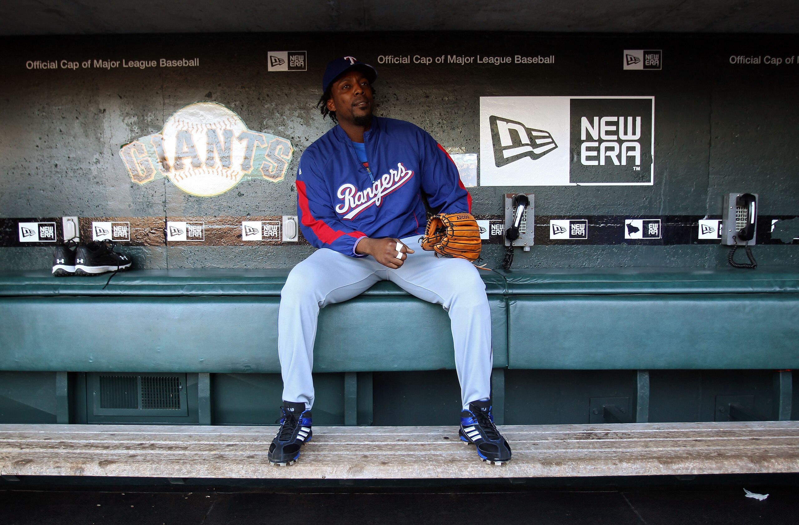 SAN FRANCISCO - OCTOBER 26:  Vladimir Guerrero #27 of the Texas Rangers sits in the dugout during a workout session at AT&T Park on October 26, 2010 in San Francisco, California. The Texas Rangers will face off against the San Francisco Giants in Game One