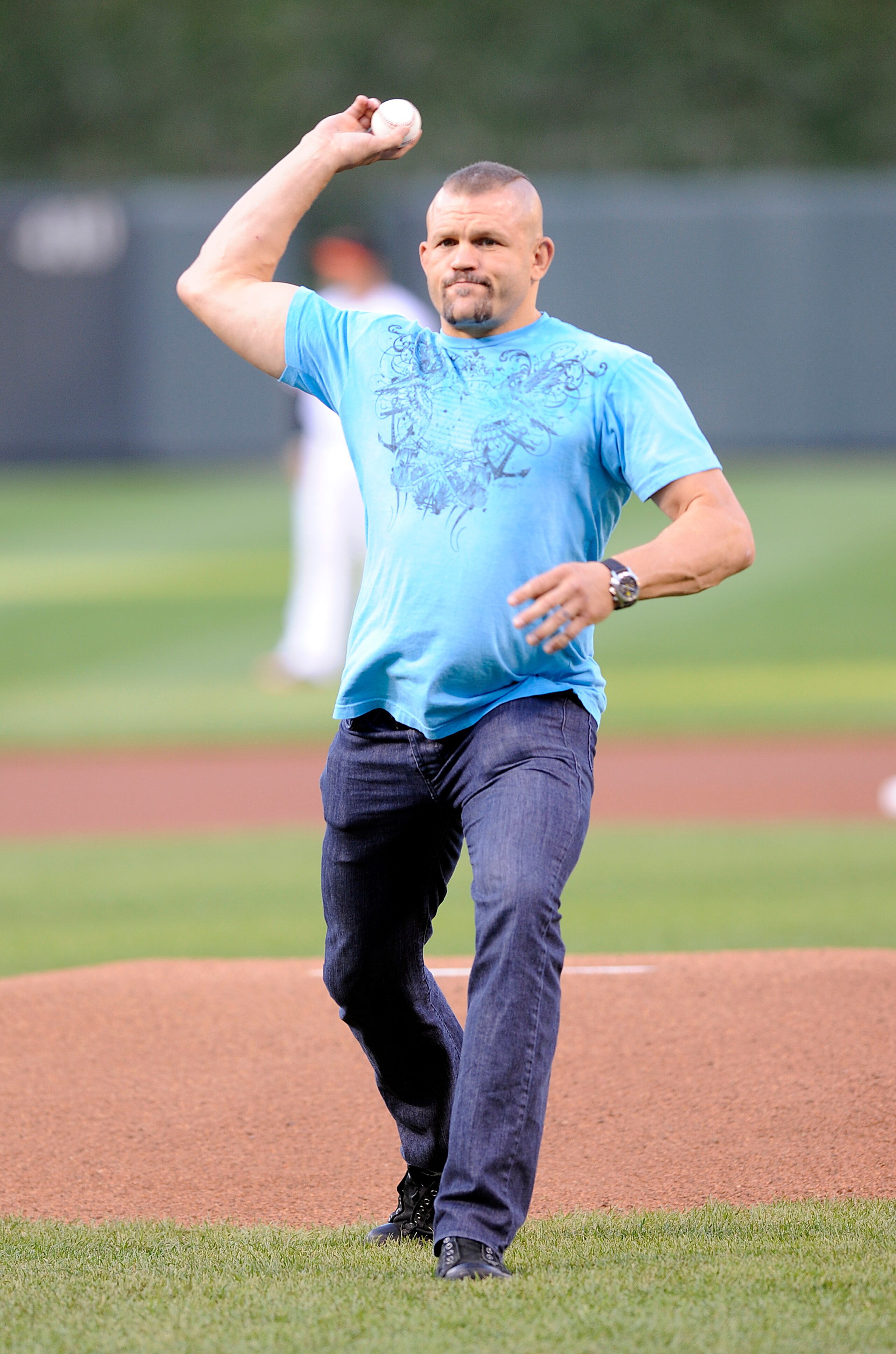 BALTIMORE - AUGUST 31: Chuck Liddell throws out the first pitch before the game between the New York Yankees and the Baltimore Orioles on August 31, 2009 at Camden Yards in Baltimore, Maryland.  (Photo by Greg Fiume/Getty Images)