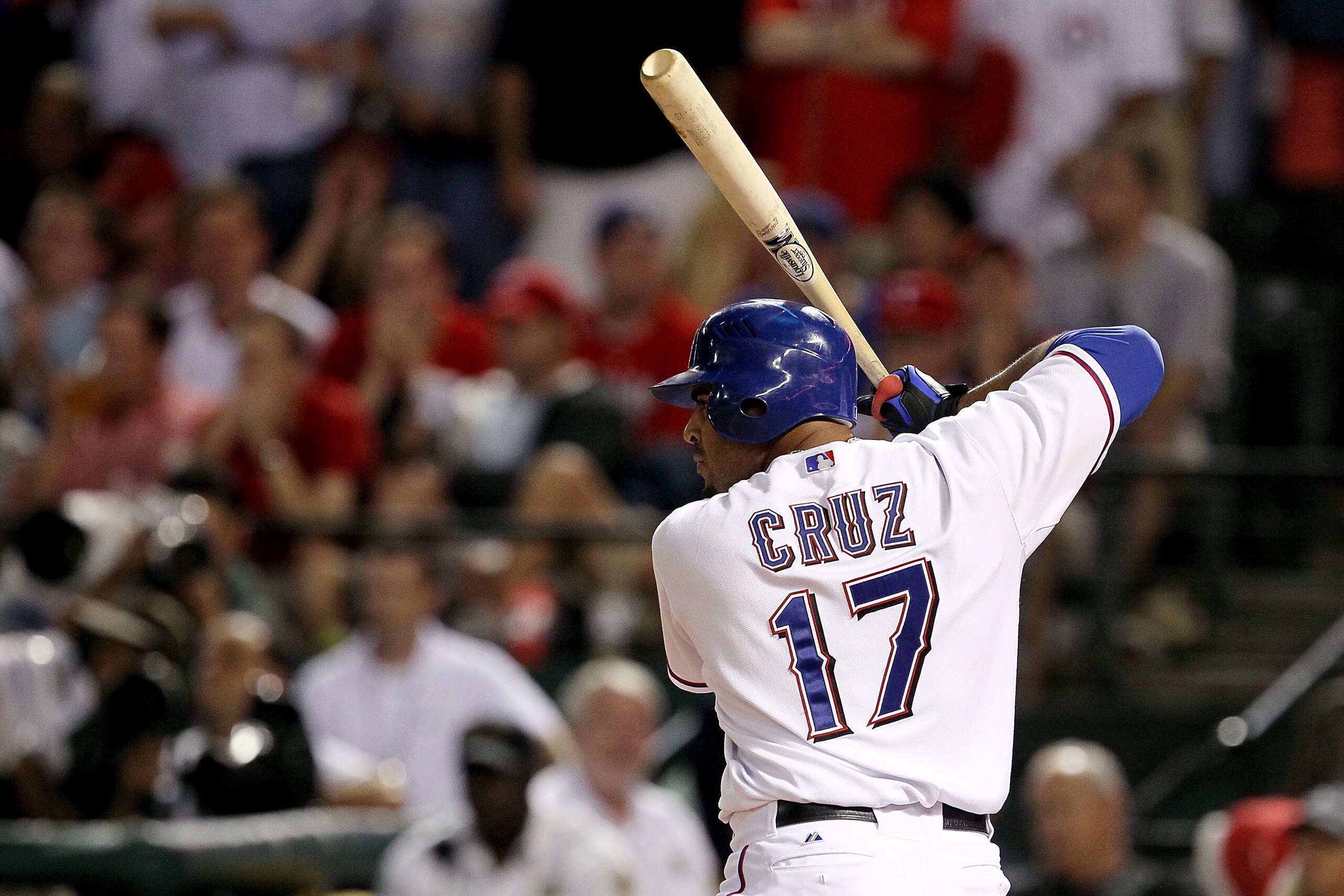 ARLINGTON, TX - OCTOBER 22:  Nelson Cruz #17 of the Texas Rangers bats the New York Yankees in Game Six of the ALCS during the 2010 MLB Playoffs at Rangers Ballpark in Arlington on October 22, 2010 in Arlington, Texas. The Rangers won 6-1. (Photo by Steph
