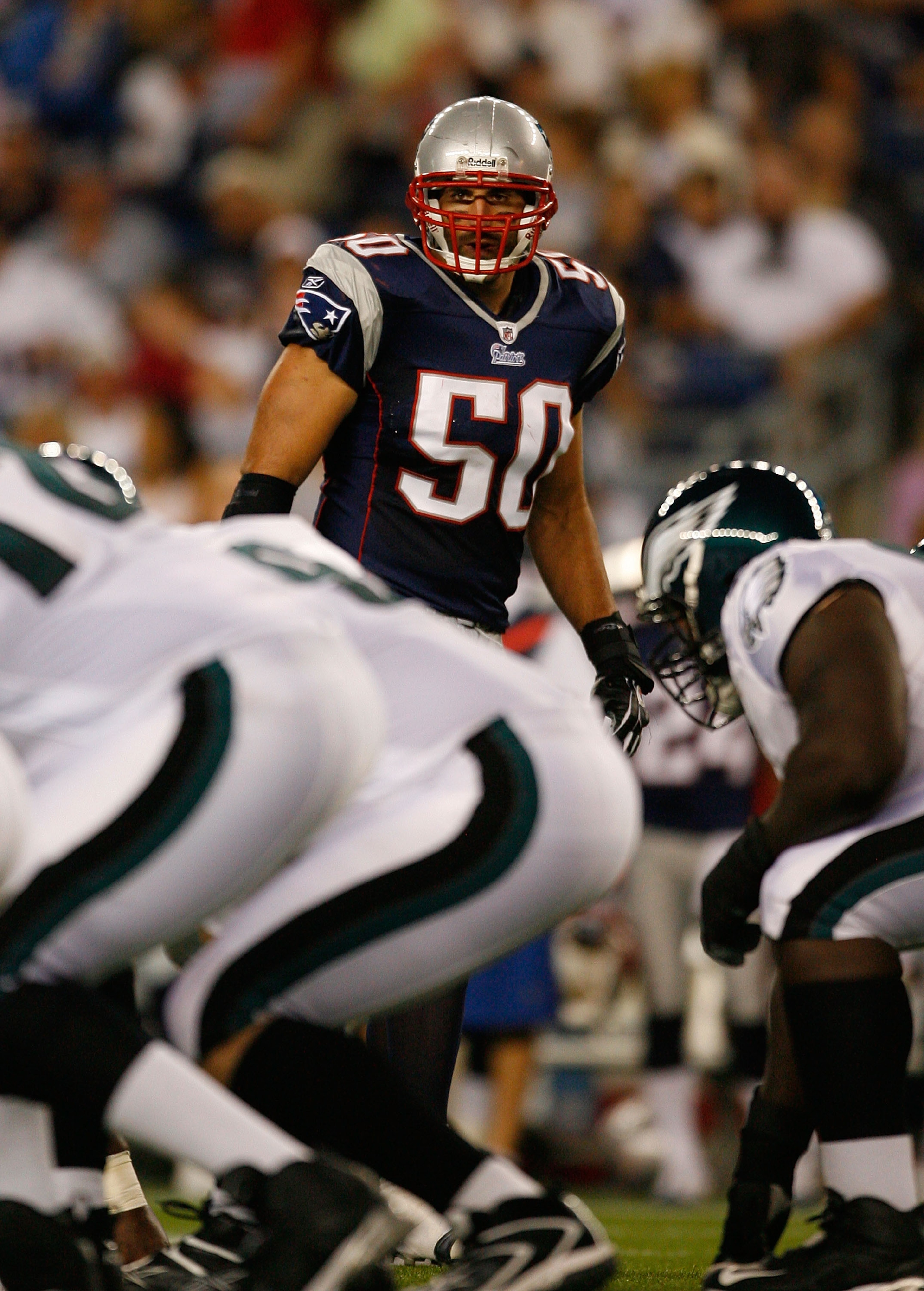 FOXBORO, MA - AUGUST 22: Mike Vrabel #50 of the New England Patriots defends against the offense of the Philadelphia Eagles during preseason action at Gillette Stadium on August 22, 2008 in Foxboro, Massachusetts. (Photo by Jim Rogash/Getty Images)