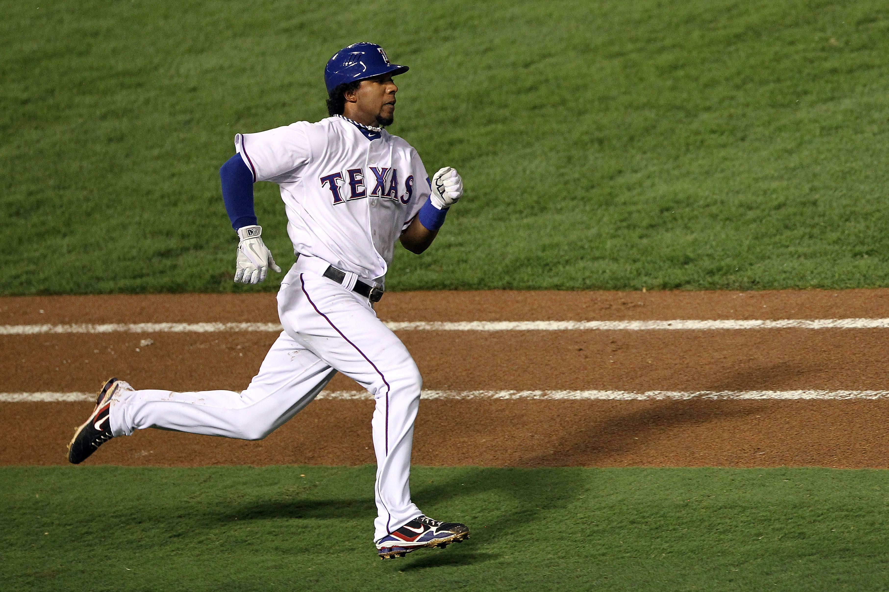 ARLINGTON, TX - OCTOBER 22:  Elvis Andrus #1 of the Texas Rangers runs to first base after hitting a double against the New York Yankees in the first inning of Game Six of the ALCS during the 2010 MLB Playoffs at Rangers Ballpark in Arlington on October 2