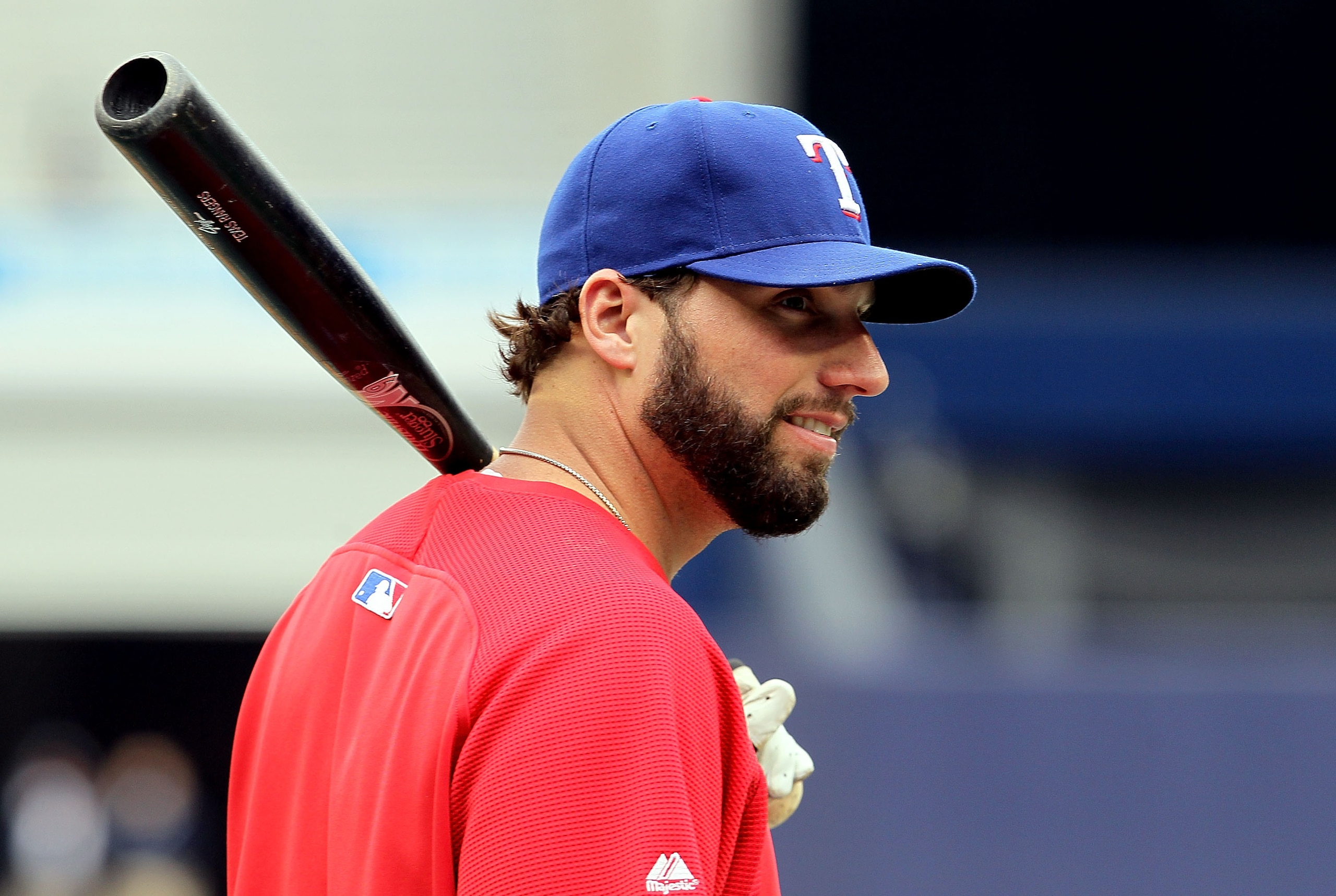 NEW YORK - OCTOBER 20:  Jeff Francoeur #21 of the Texas Rangers looks on during batting practice against the New York Yankees  in Game Five of the ALCS during the 2010 MLB Playoffs at Yankee Stadium on October 20, 2010 in the Bronx borough of New York Cit