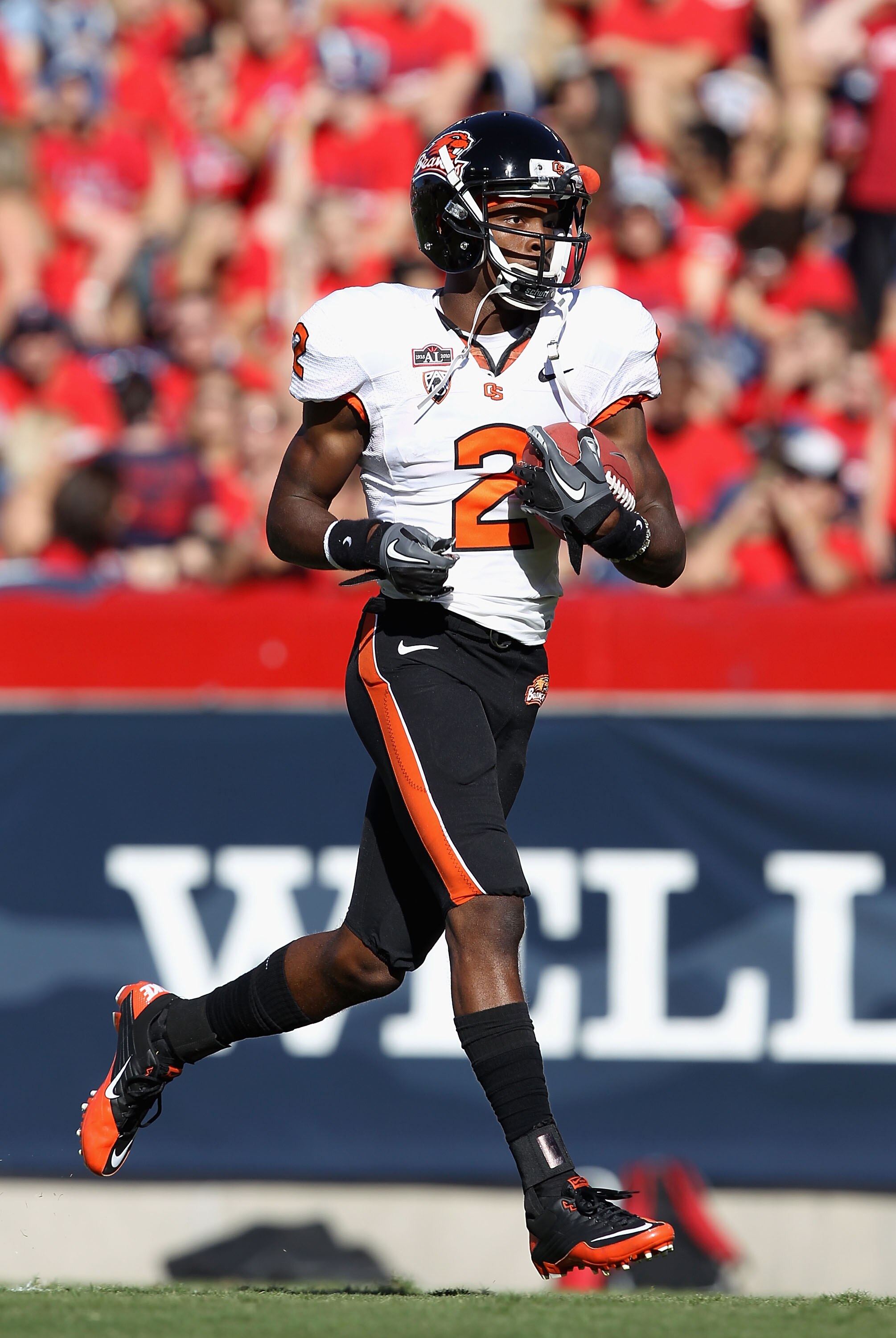 TUCSON, AZ - OCTOBER 09:  Wide receiver Markus Wheaton #2 of the Oregon State Beavers warms up before the college football game against the Arizona Wildcats at Arizona Stadium on October 9, 2010 in Tucson, Arizona. The Beavers defeated the Wildcats 29-27.