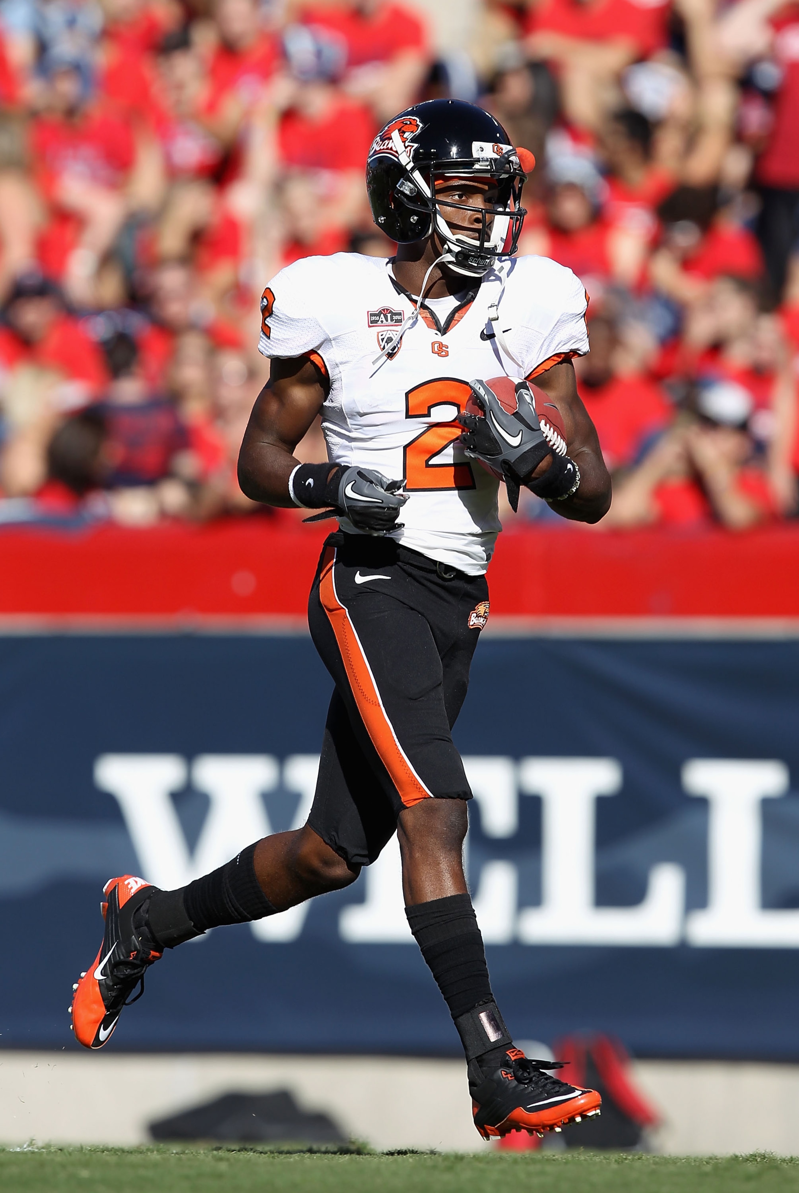 TUCSON, AZ - OCTOBER 09:  Wide receiver Markus Wheaton #2 of the Oregon State Beavers warms up before the college football game against the Arizona Wildcats at Arizona Stadium on October 9, 2010 in Tucson, Arizona. The Beavers defeated the Wildcats 29-27.