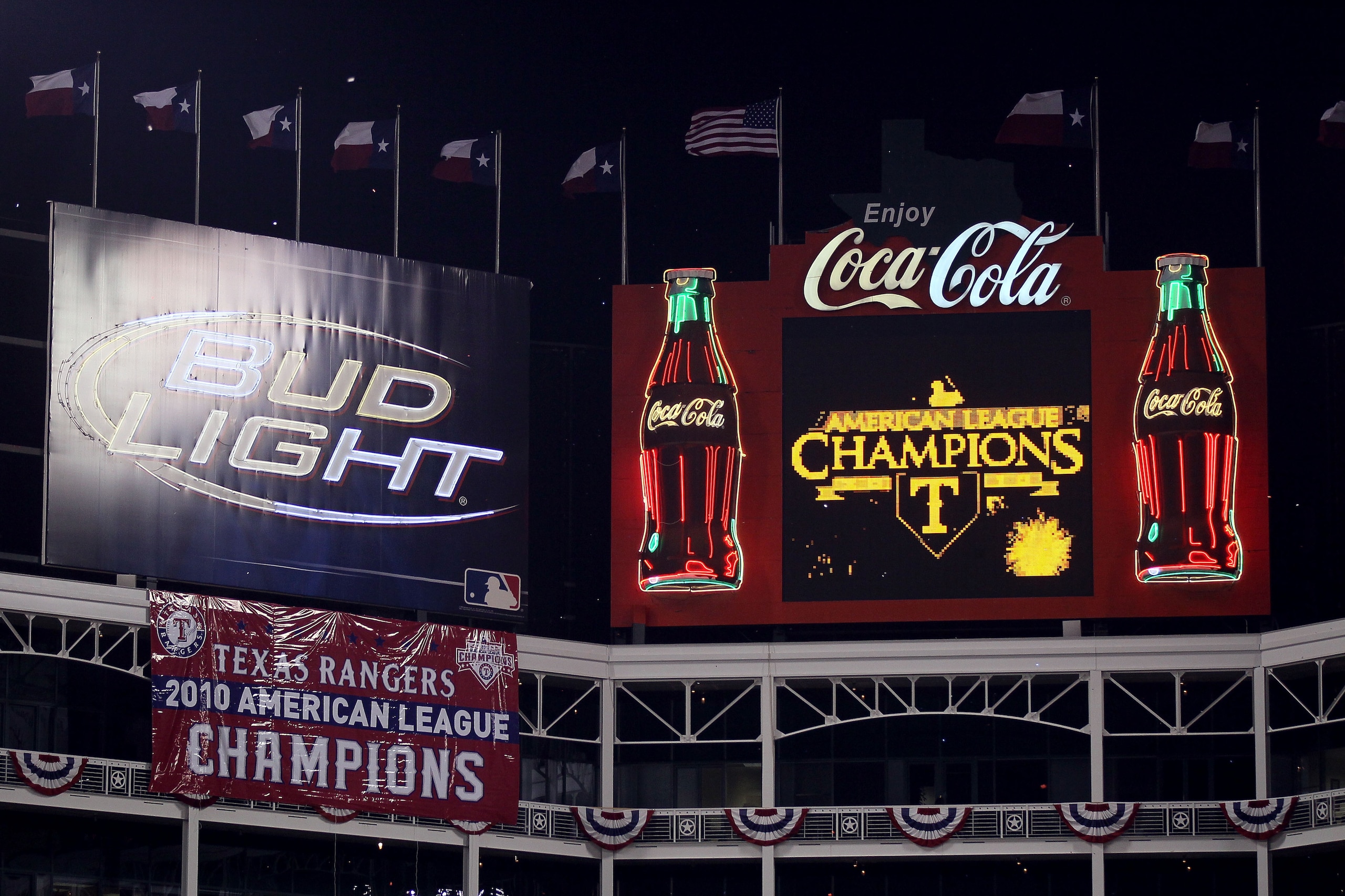 ARLINGTON, TX - OCTOBER 22:  The outfield scoreboard declares the Texas Rangers American League Champions after their 6-1 win against the New York Yankees in Game Six of the ALCS during the 2010 MLB Playoffs at Rangers Ballpark in Arlington on October 22,