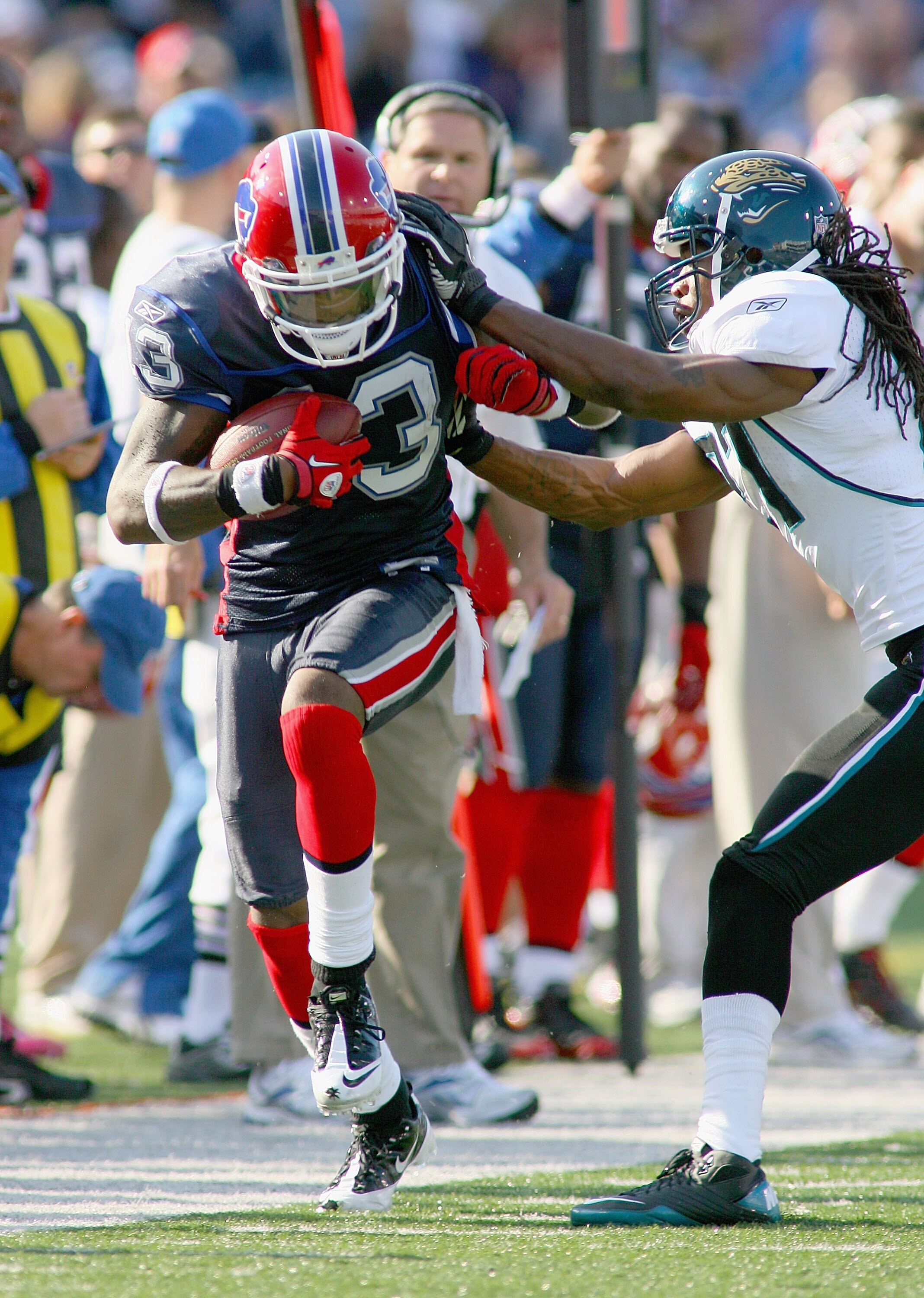 ORCHARD PARK, NY - OCTOBER 10: Steve Johnson #13 of the Buffalo Bills runs the sideline against the Jacksonville Jaguars at Ralph Wilson Stadium on October 10, 2010 in Orchard Park, New York. The Jaguars won 36-26 (Photo by Rick Stewart/Getty Images)
