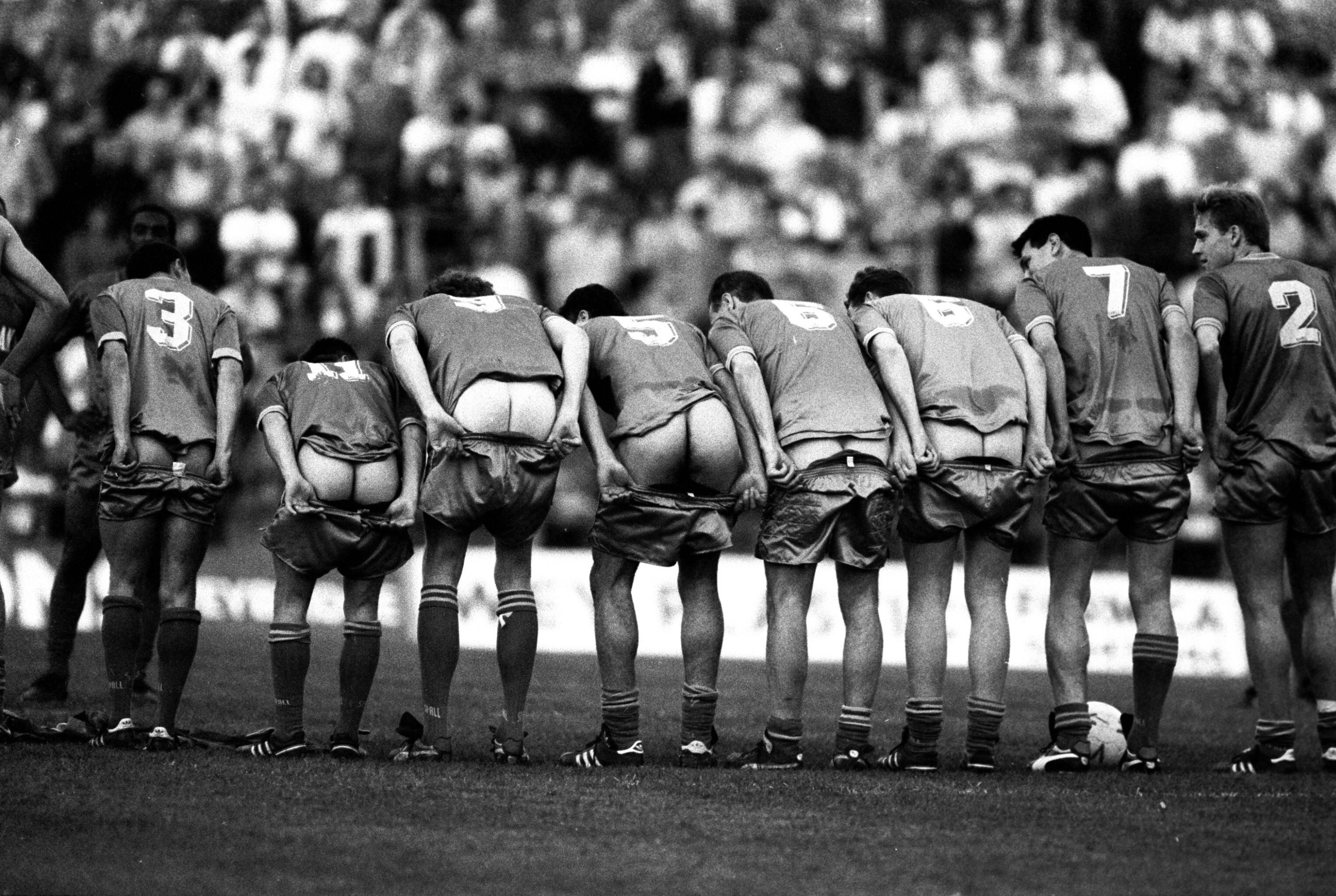 16 May 1988:  The wimbledon players show off their backsides in Crazy Gang style during a Testimonial match for Alan Cork. \ Mandatory Credit: Pascal Rondeau /Allsport