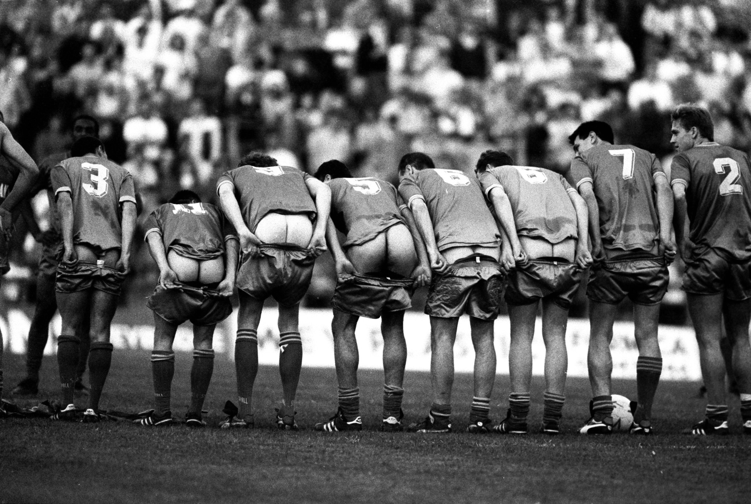 16 May 1988:  The wimbledon players show off their backsides in Crazy Gang style during a Testimonial match for Alan Cork. \ Mandatory Credit: Pascal Rondeau /Allsport