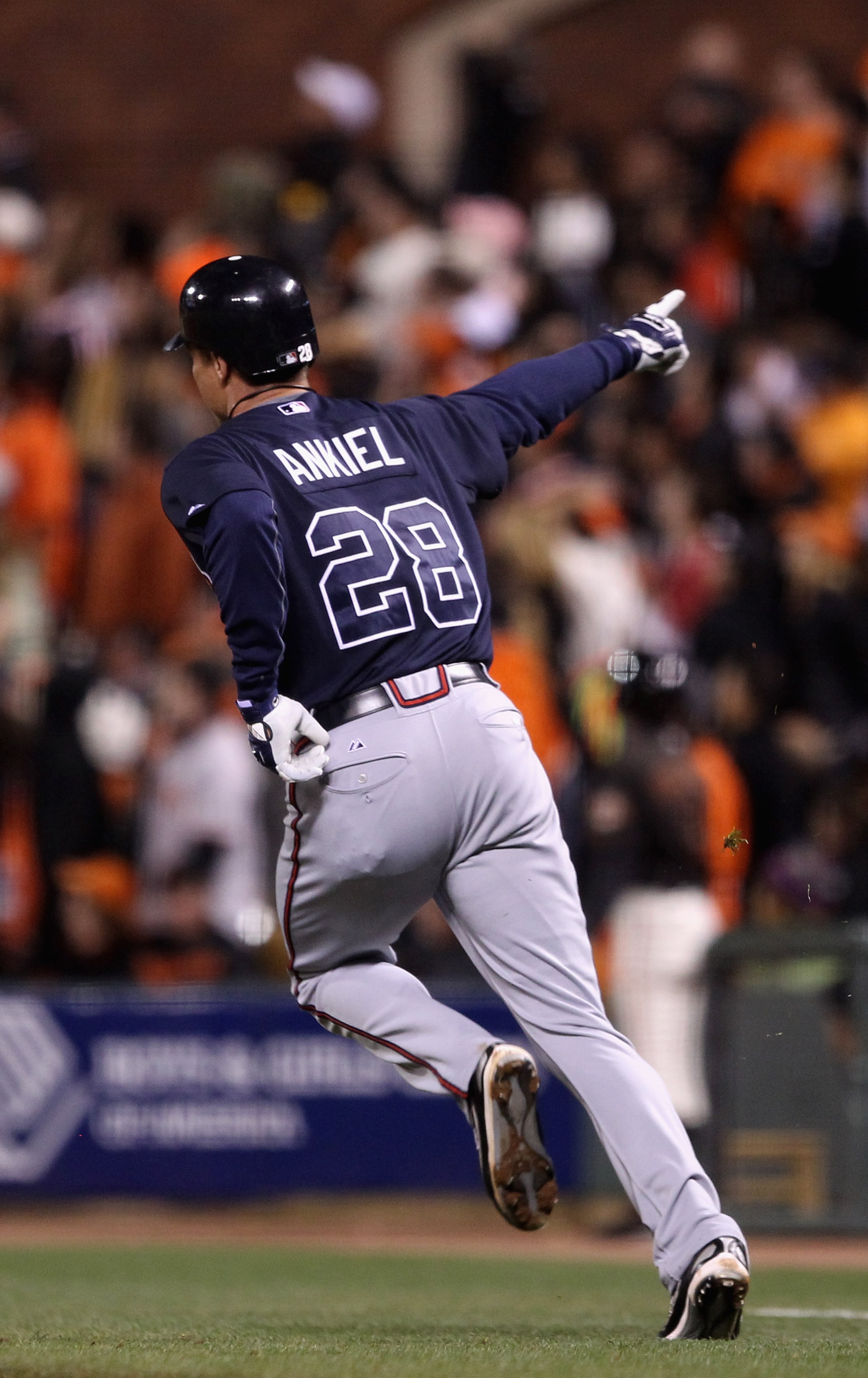 SAN FRANCISCO - OCTOBER 08:  Rick Ankiel #28 of the Atlanta Braves runs up the first base line after he hit a home run in the 11th inning of their game against the San Francisco Giants in game 2 of the NLDS at AT&T Park on October 8, 2010 in San Francisco