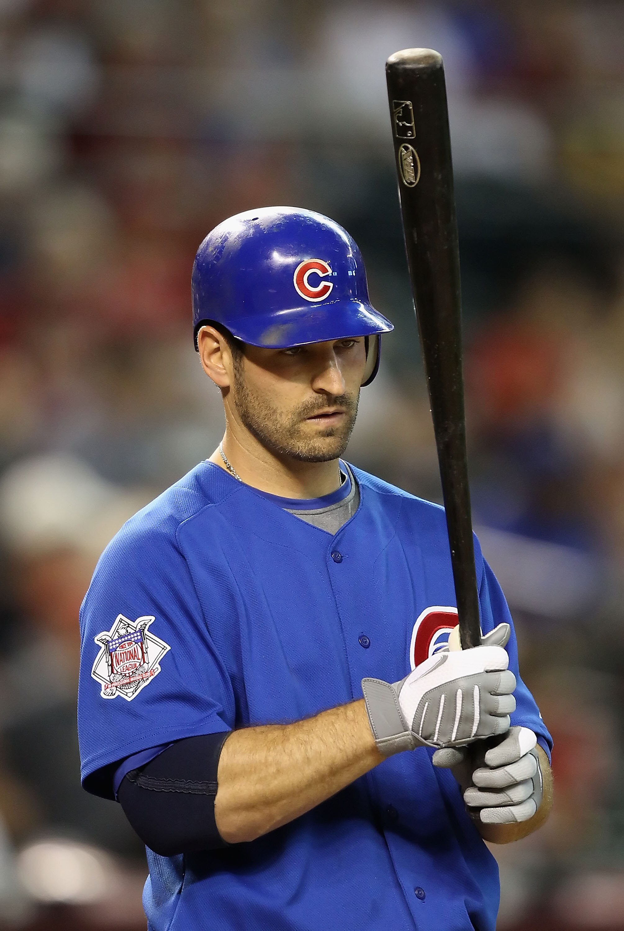 PHOENIX - JULY 05:  Xavier Nady #22 of the Chicago Cubs at bat during the Major League Baseball game against the Arizona Diamondbacks at Chase Field on July 5, 2010 in Phoenix, Arizona. The Cubs defeated the Diamondbacks 9-4.  (Photo by Christian Petersen